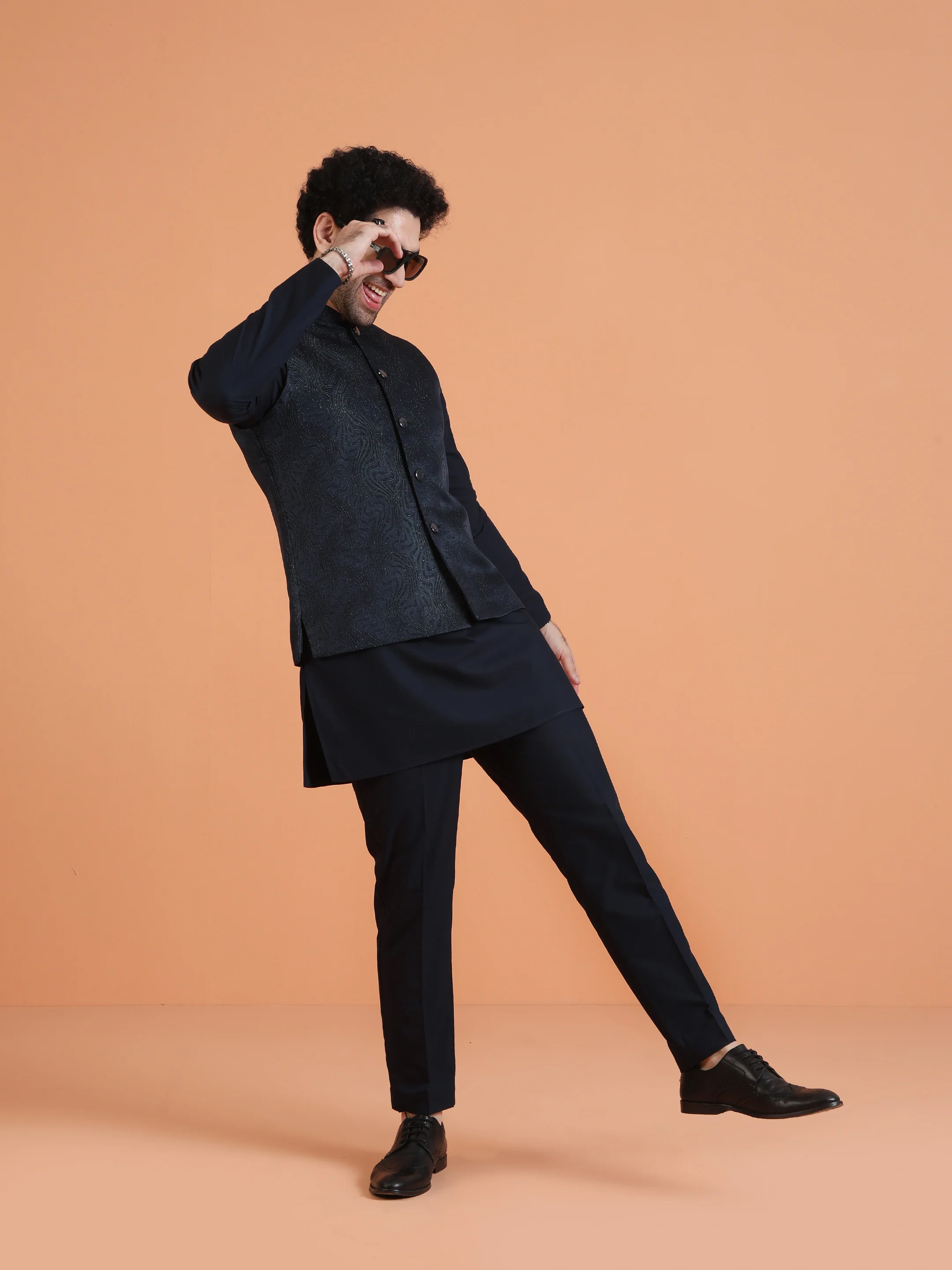 Black Metallic Textured Nehru Jacket - Image 7