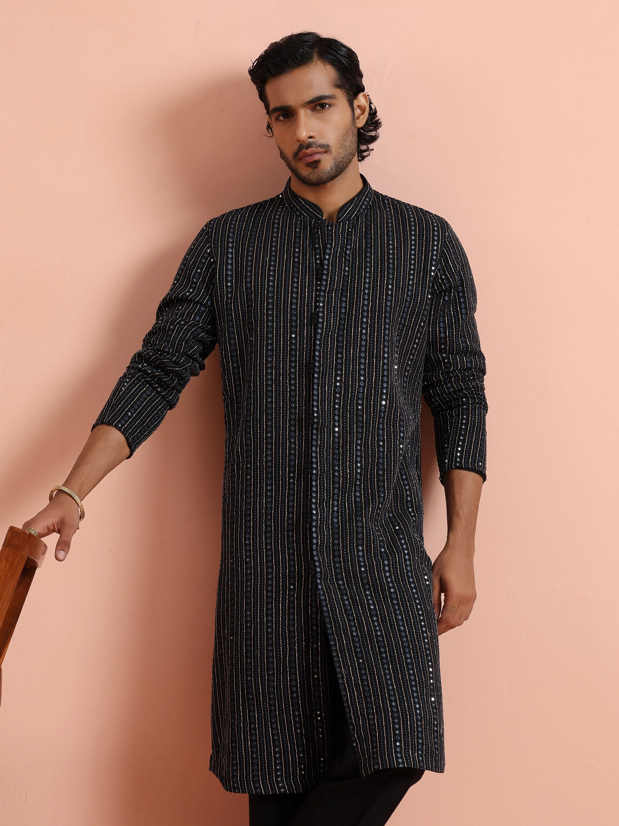 Black Mirror Work Kurta Trouser Set - Image 8