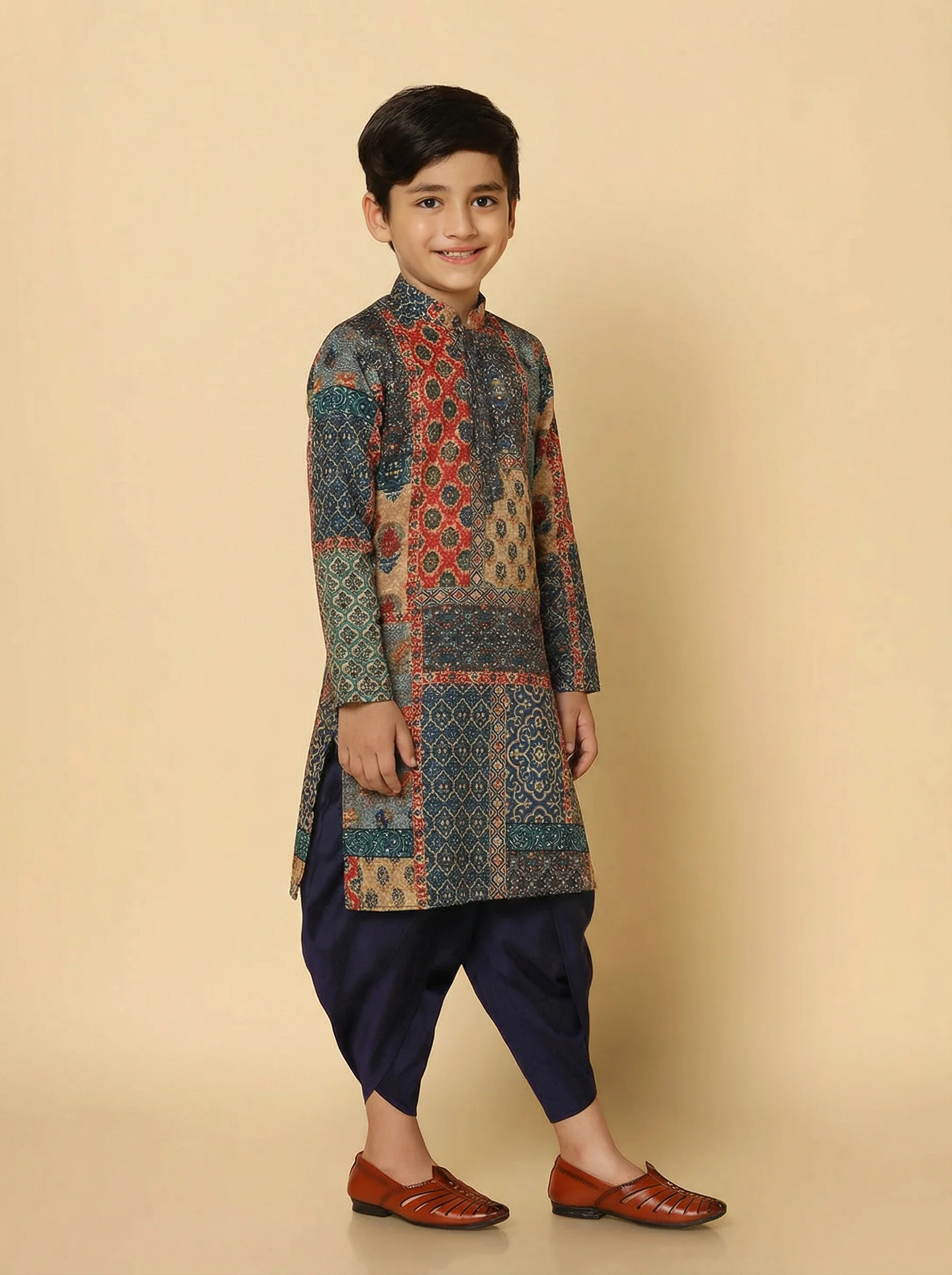 Black Multicolor Cotton Blend Printed Kurta Dhoti Set - Image 2