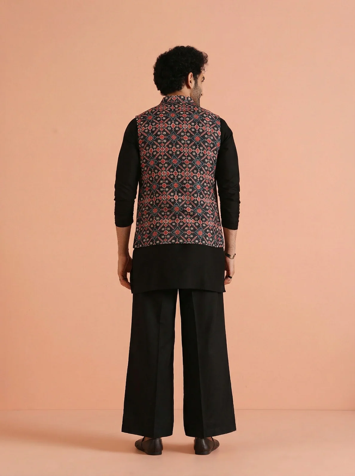 Black Multicolor Cotton Blend Printed Mid Kurta Front Open Jacket Wide Leg Trouser Set - Image 3