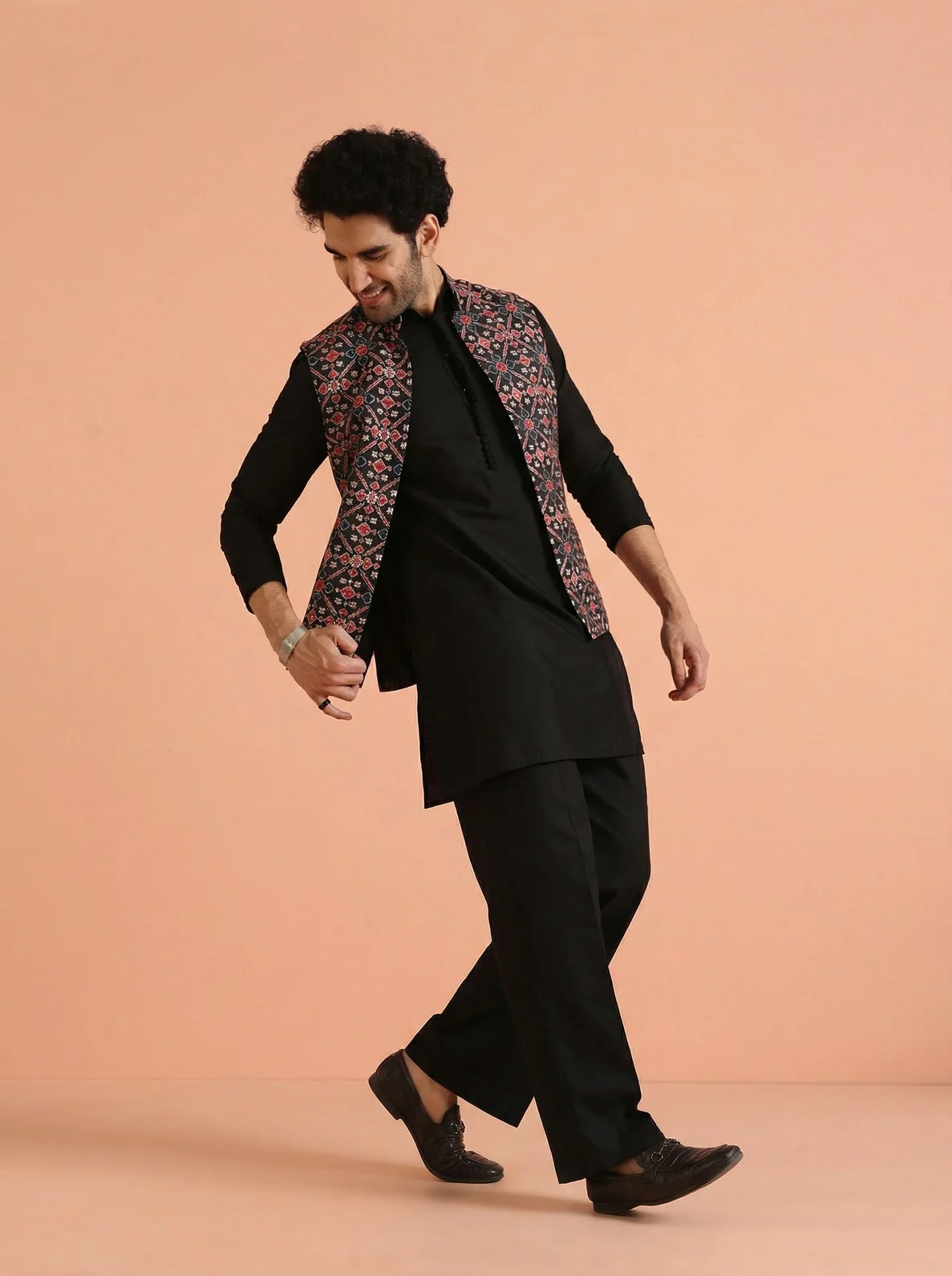 Black Multicolor Cotton Blend Printed Mid Kurta Front Open Jacket Wide Leg Trouser Set - Image 7