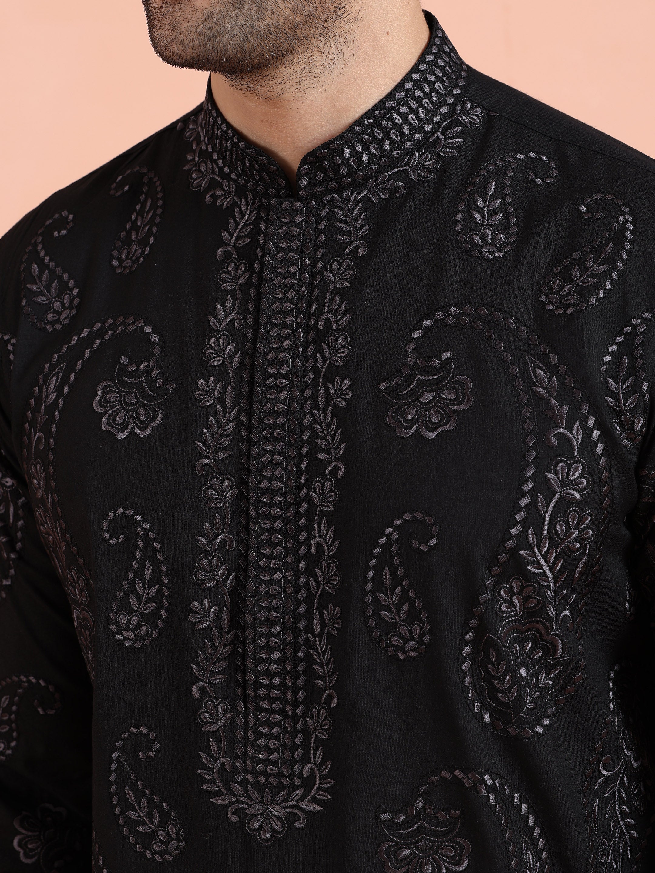 Black Paisley Embroidered Kurta Set - Image 5