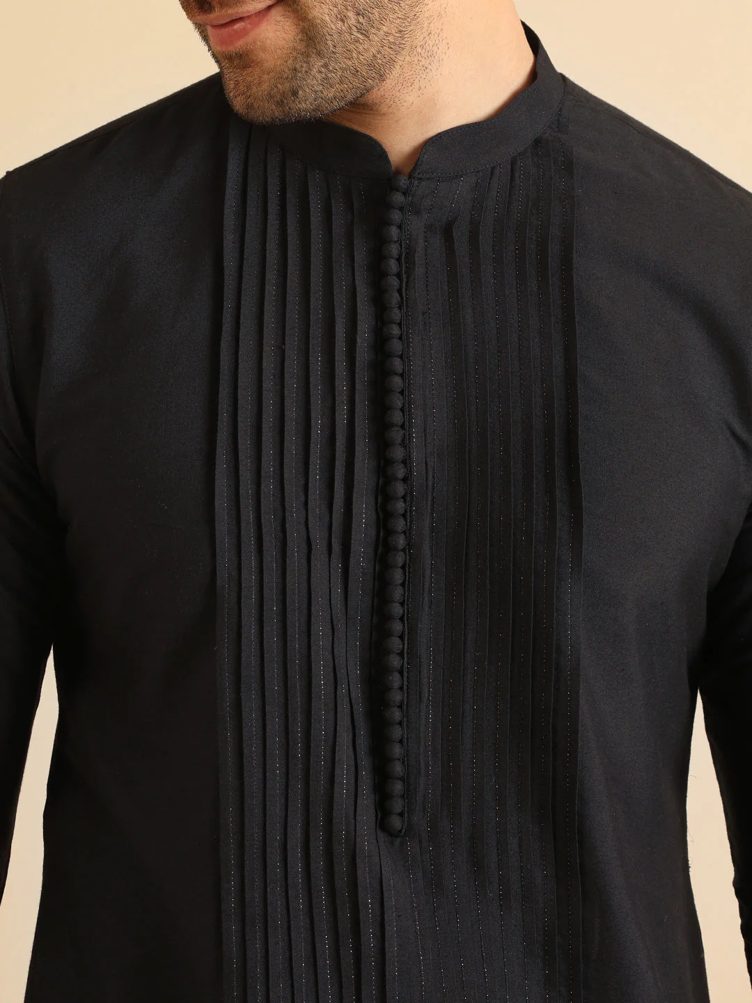 Black Pintuck Cotton Silk Kurta - Image 6