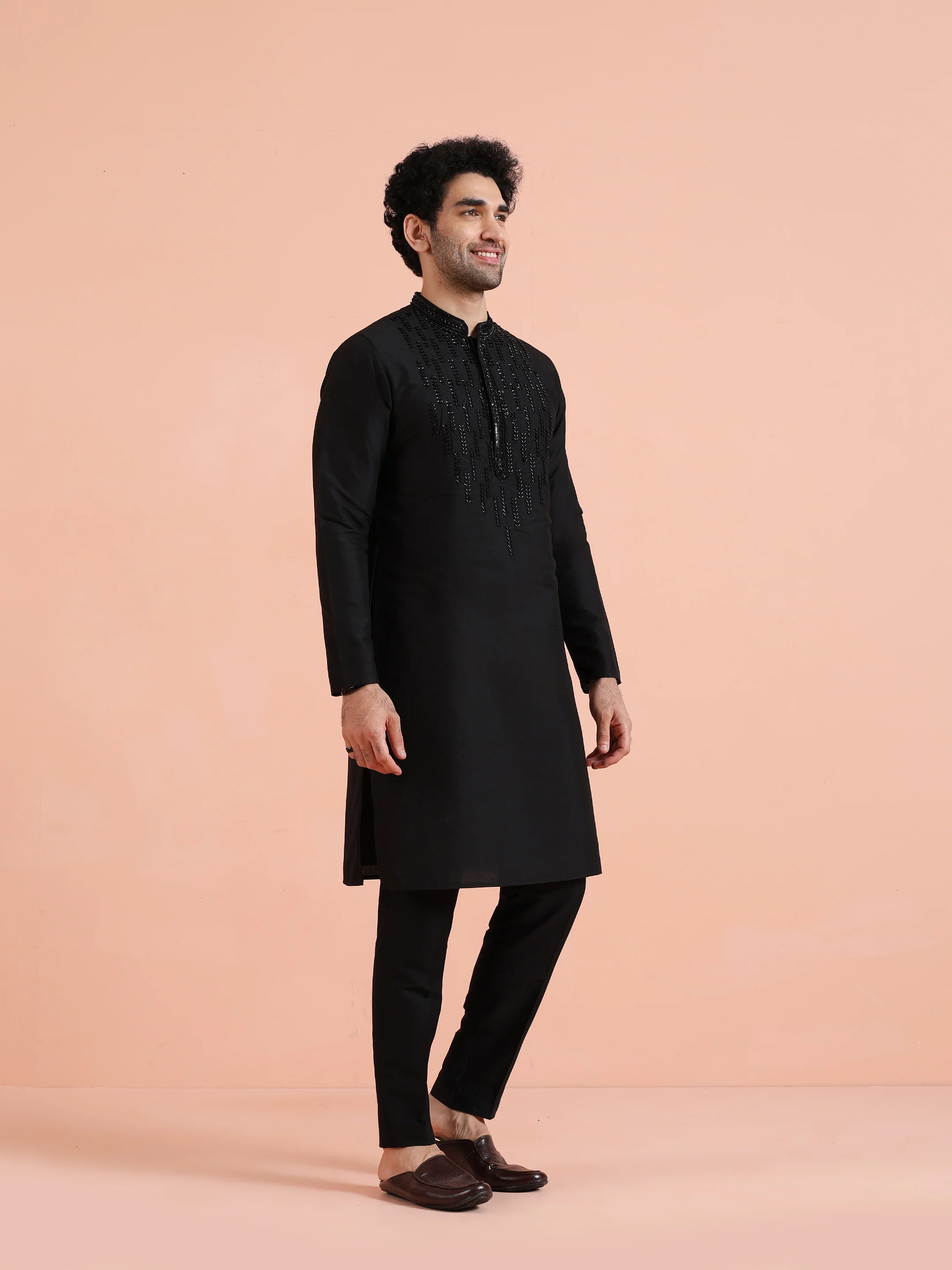 Black Poly Silk Embellished Long Kurta - Image 3