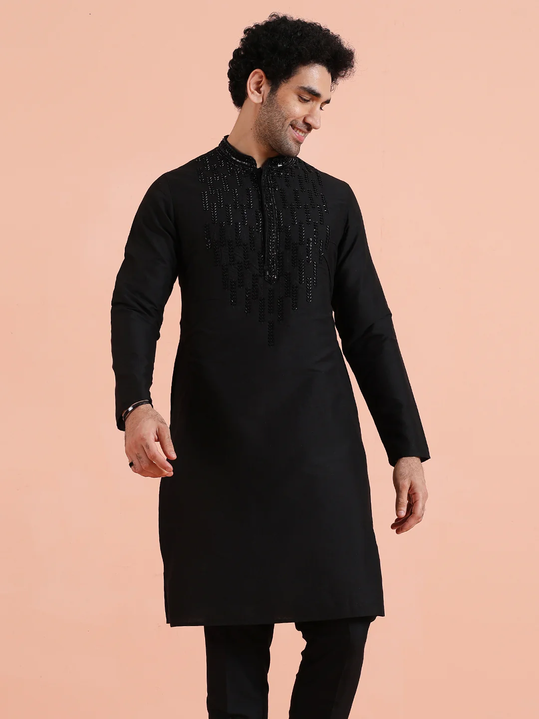 Black Poly Silk Embellished Long Kurta - Image 8