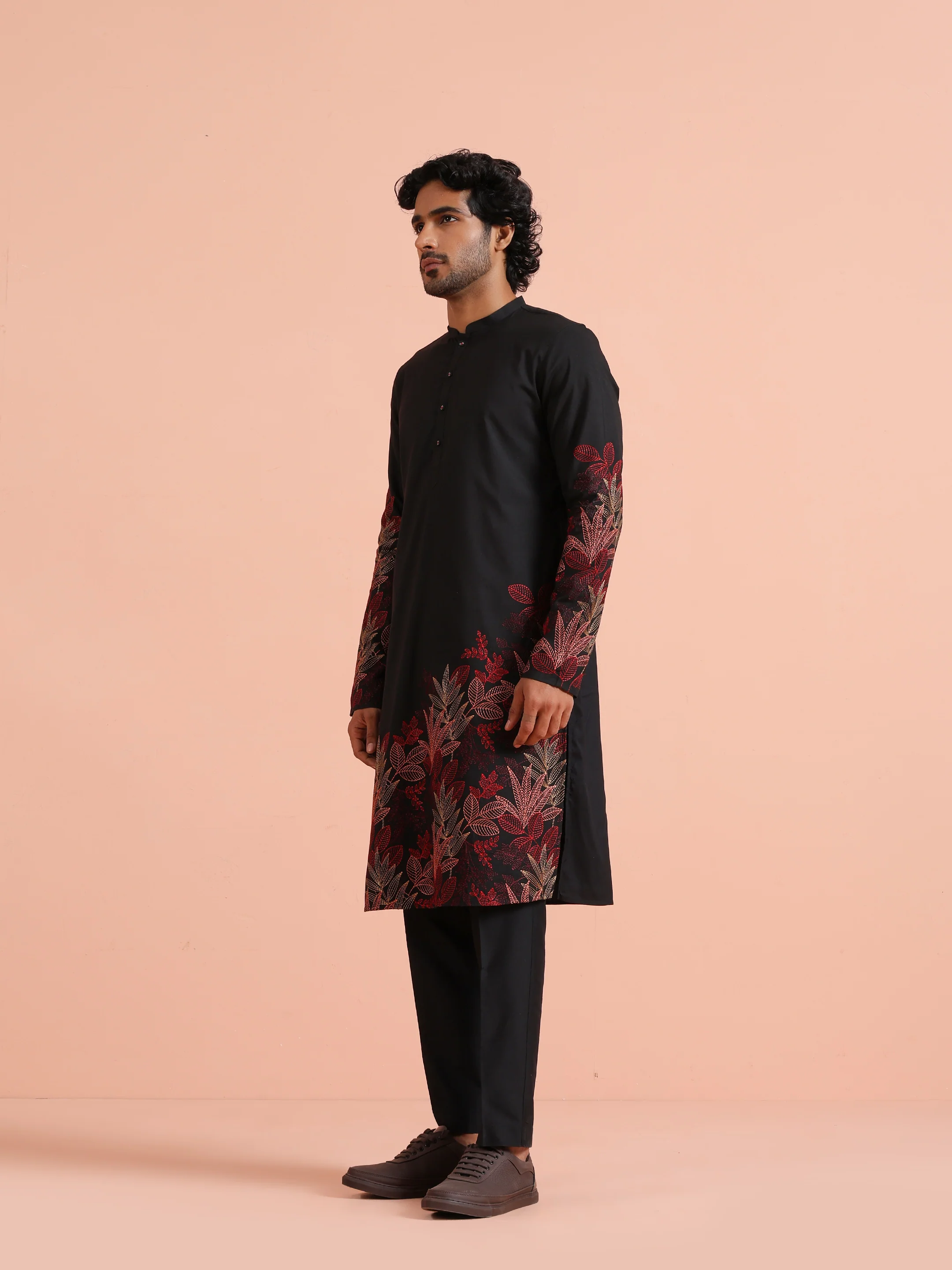 Black Poly Silk Embroidered Kurta Trouser Set - Image 2