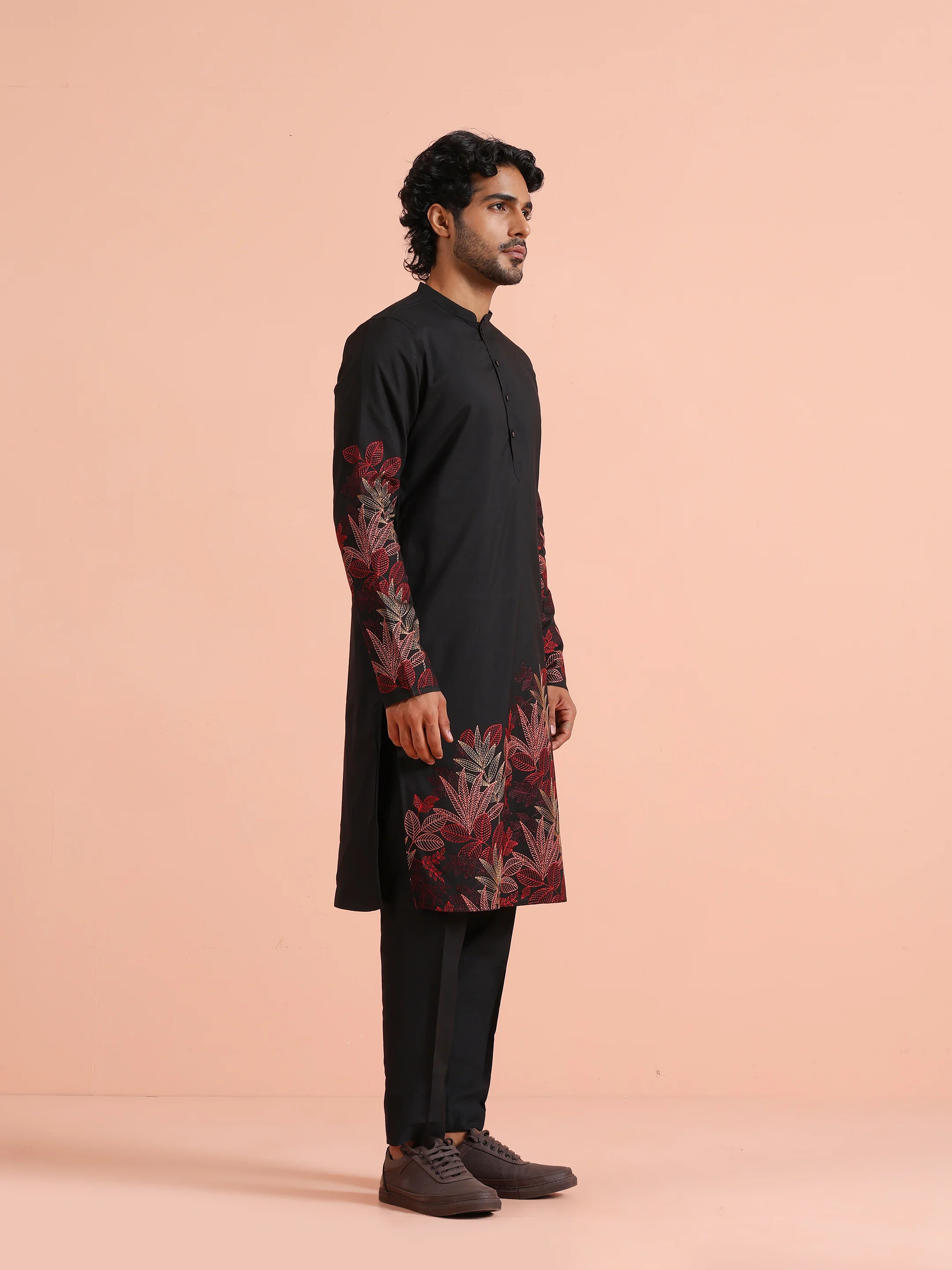Black Poly Silk Embroidered Kurta Trouser Set - Image 3