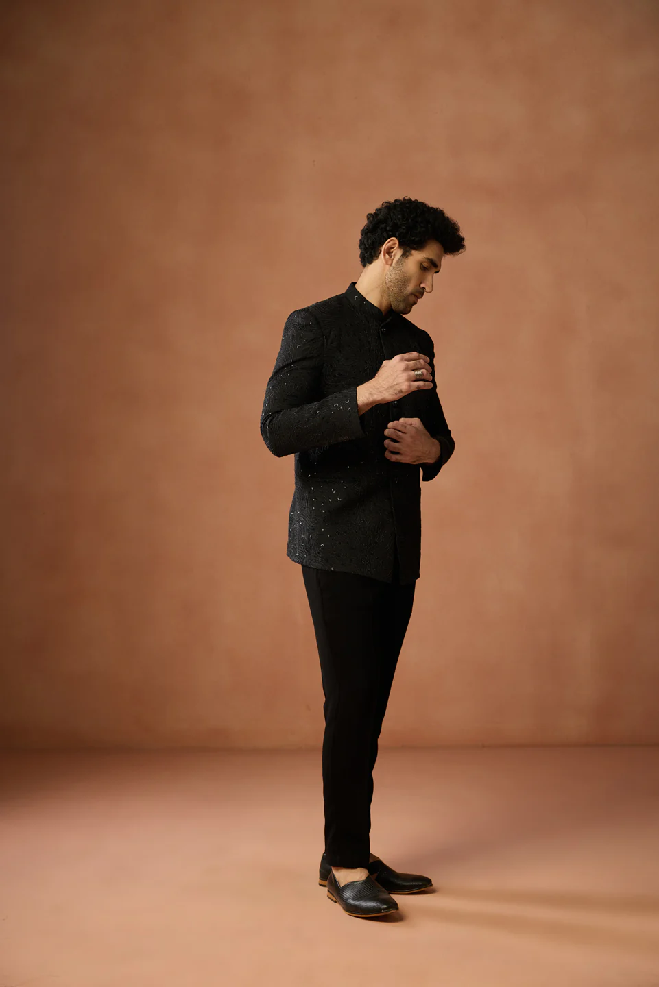 Black Embellished Silk Blend Bandhgala - Image 3