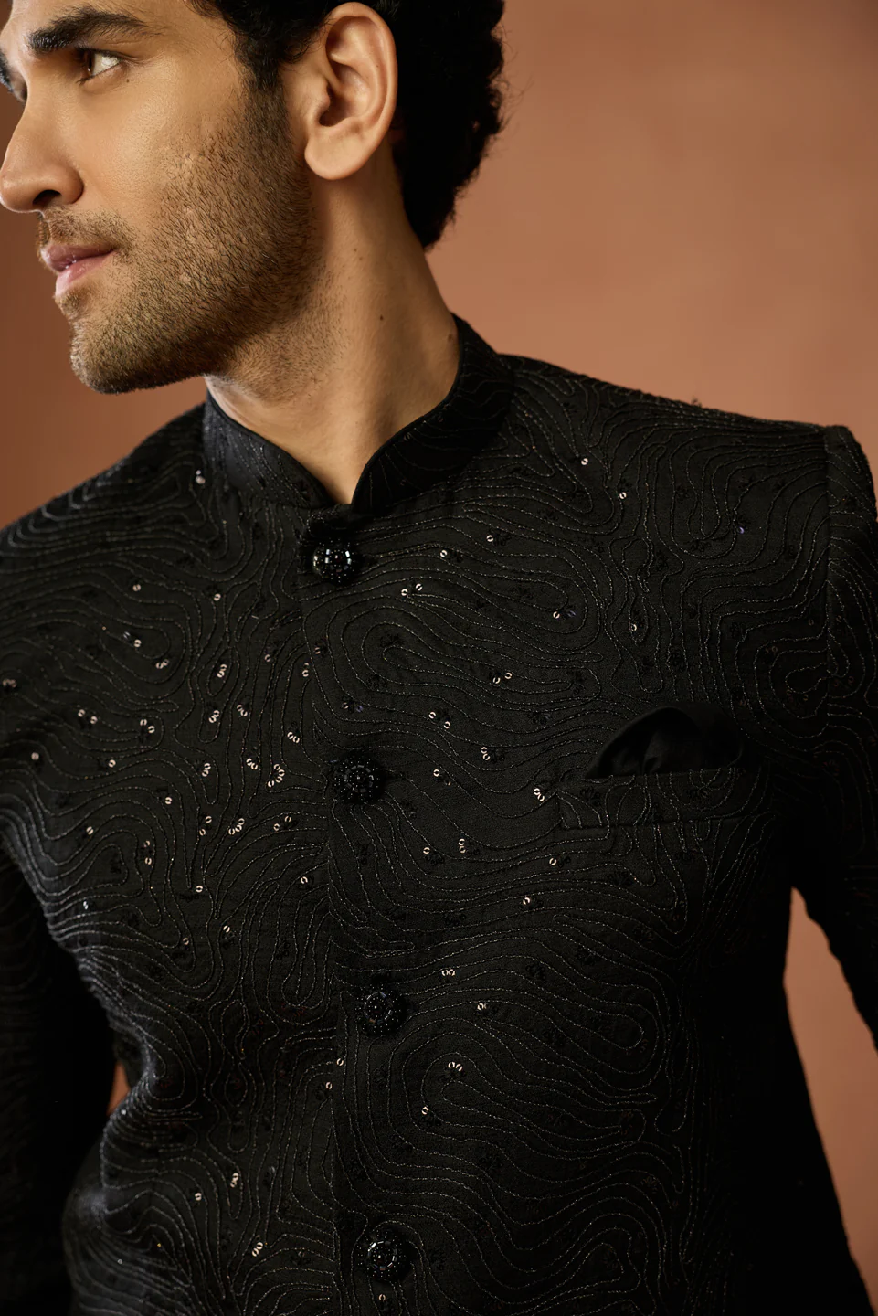 Black Embellished Silk Blend Bandhgala - Image 5
