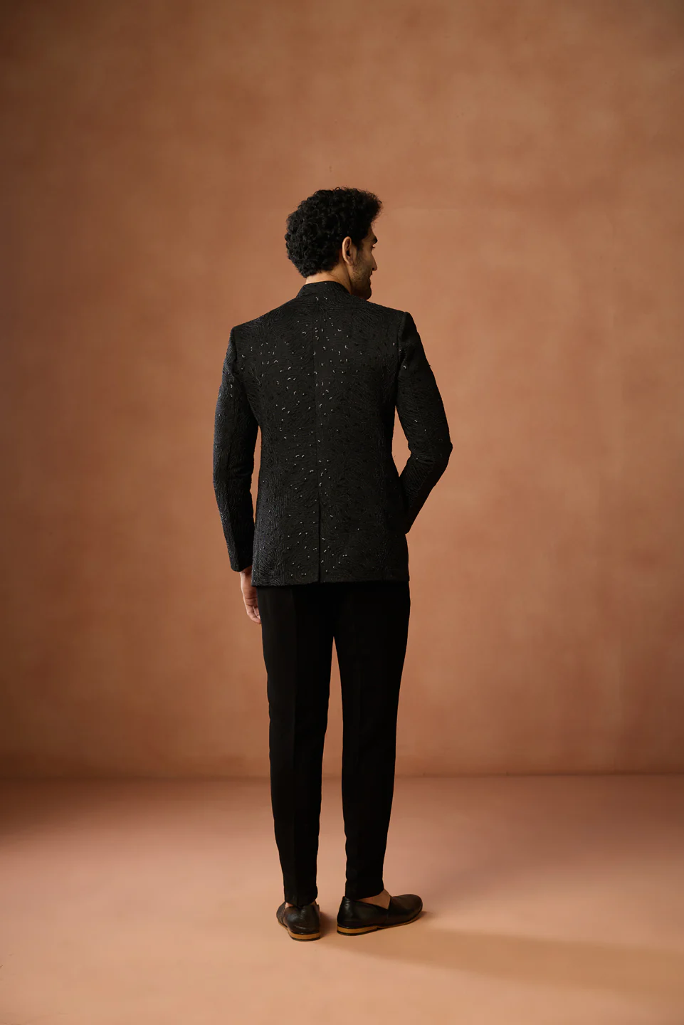 Black Silk Textured Embroidered Bandhgala Trouser Set - Image 4