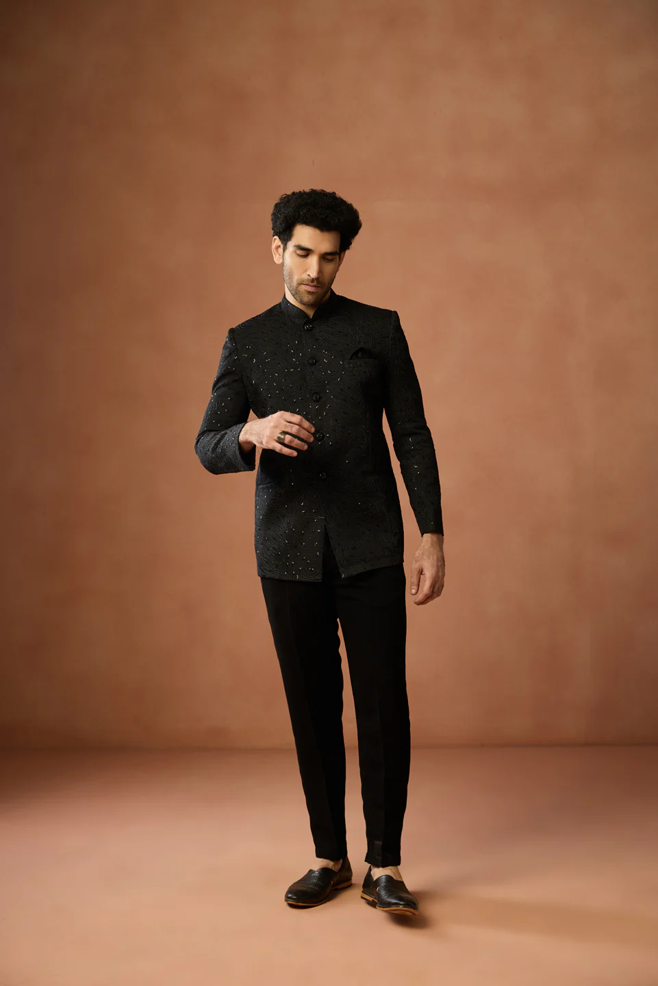 Black Silk Textured Embroidered Bandhgala Trouser Set - Image 7
