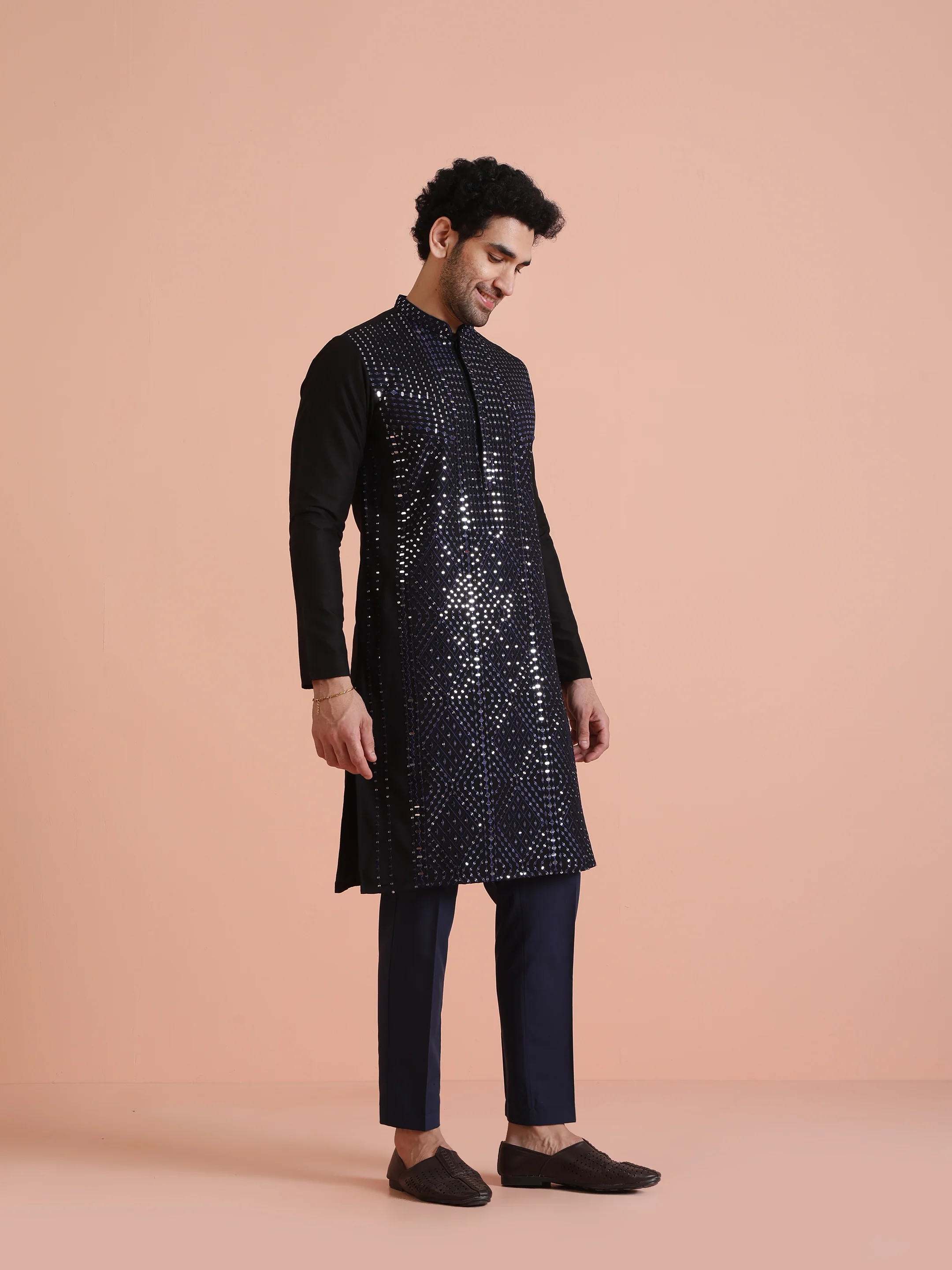 Black Poly Silk Mirror Work Kurta Trouser Set - Image 2