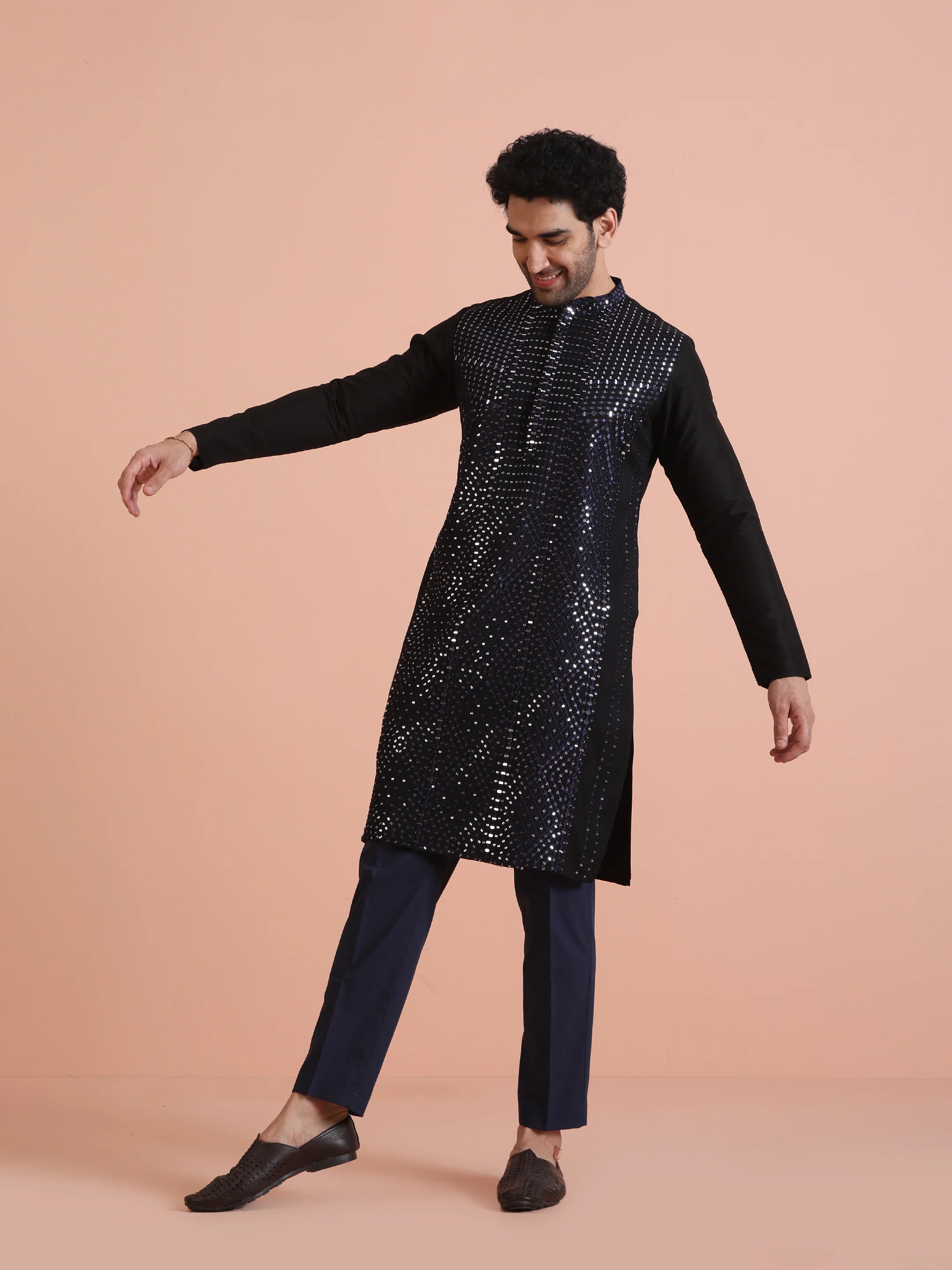 Black Poly Silk Mirror Work Kurta Trouser Set - Image 3