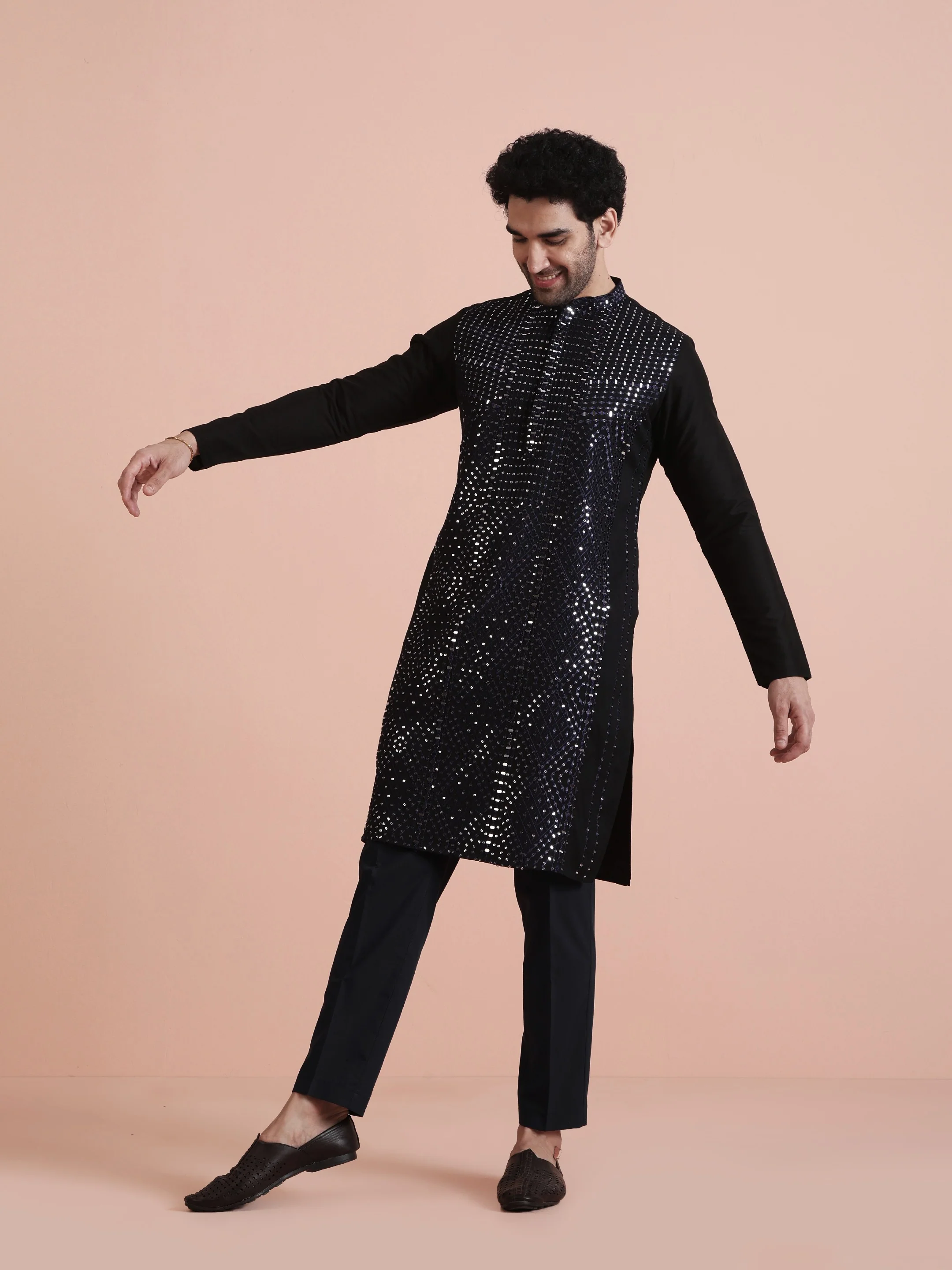 Black Poly Silk Mirror Work Kurta Trouser Set - Image 2