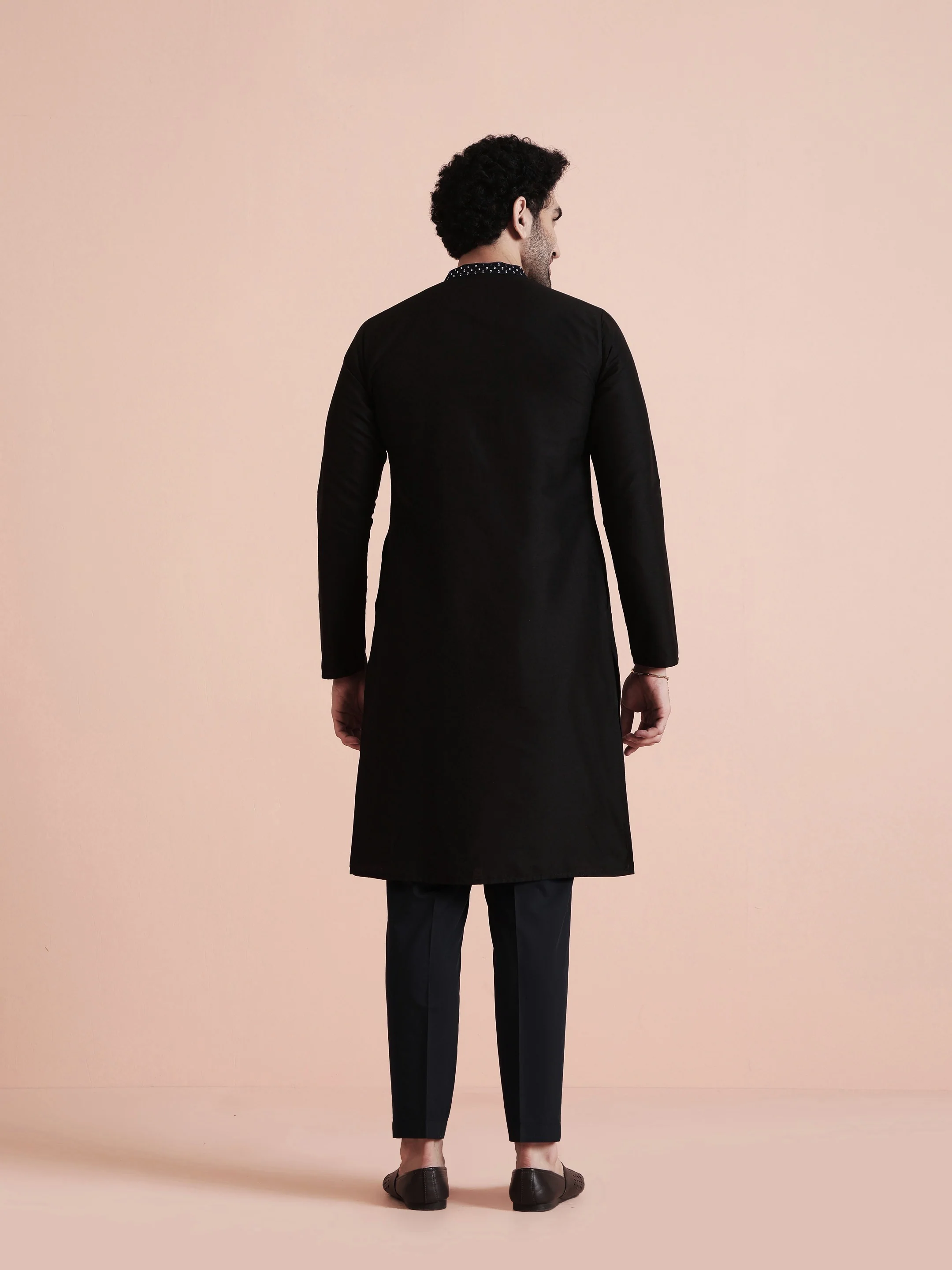 Black Poly Silk Mirror Work Kurta Trouser Set - Image 4
