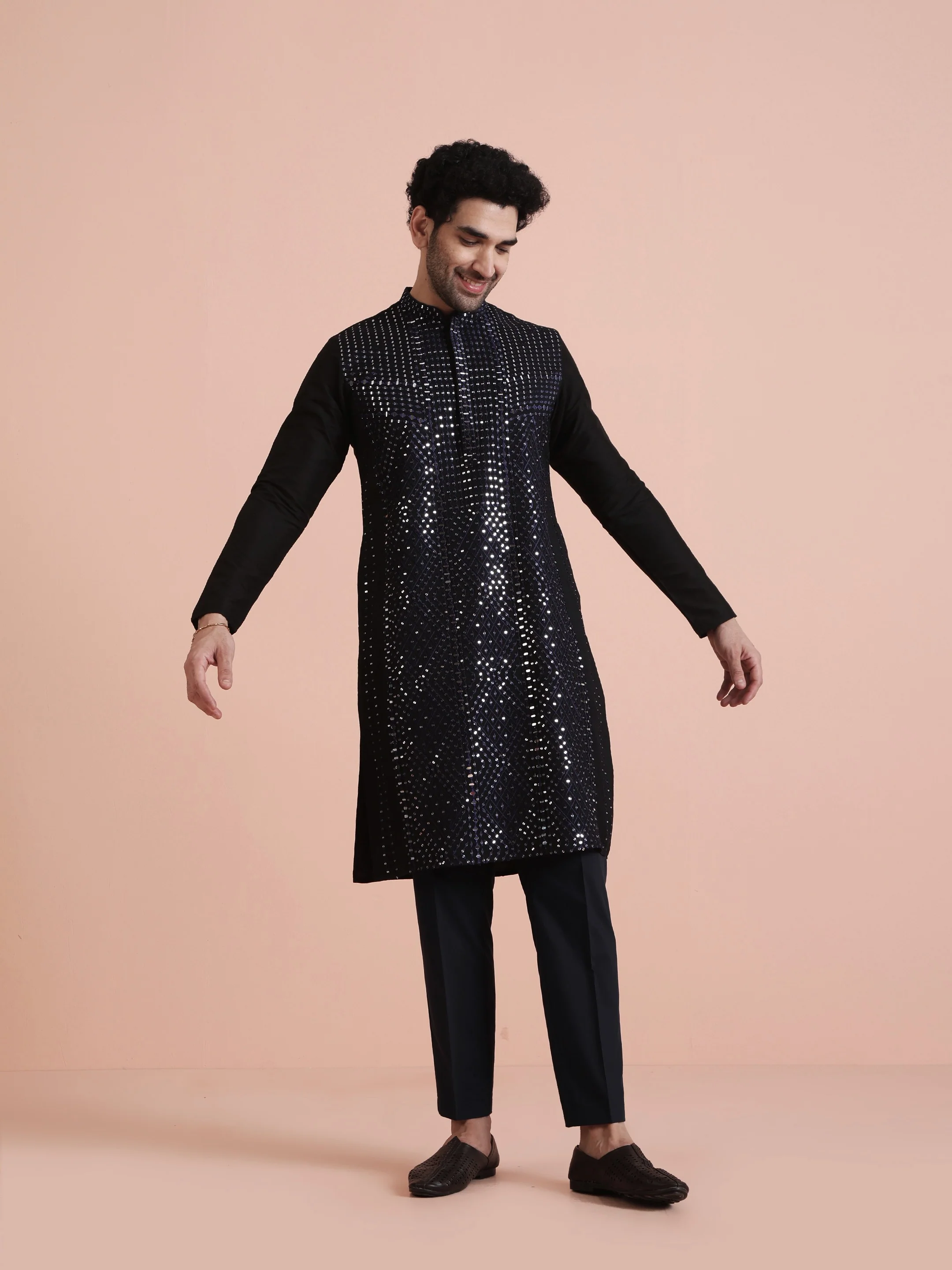 Black Poly Silk Mirror Work Kurta Trouser Set - Image 7