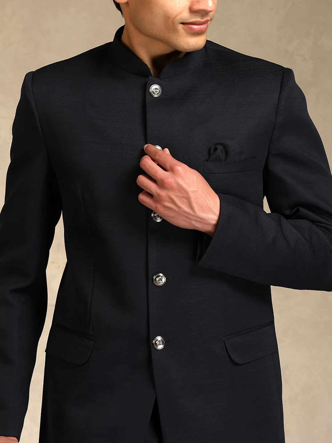 Black Poly Viscose Solid Bandhgala Trouser Set - Image 5