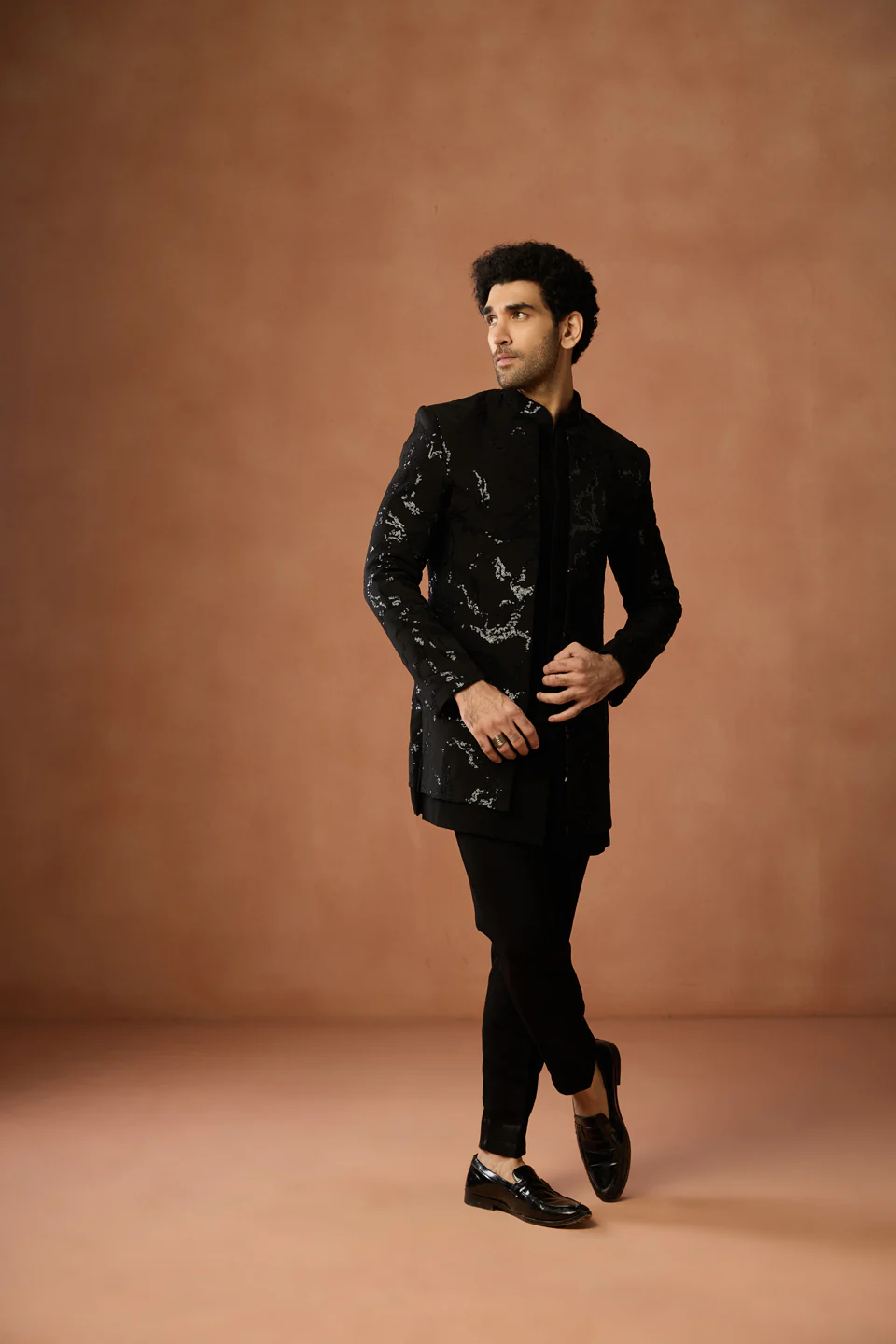 Black Velvet Sequin Short Sherwani Trouser Set - Image 3