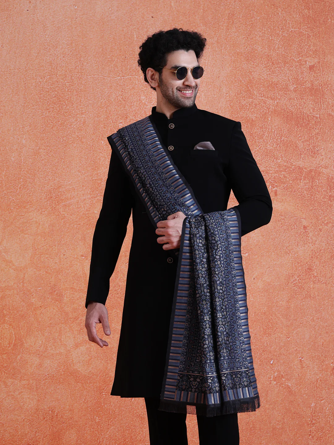 Black Polyester Solid Sherwani Indonesian Trouser Set With Dupatta - Image 10
