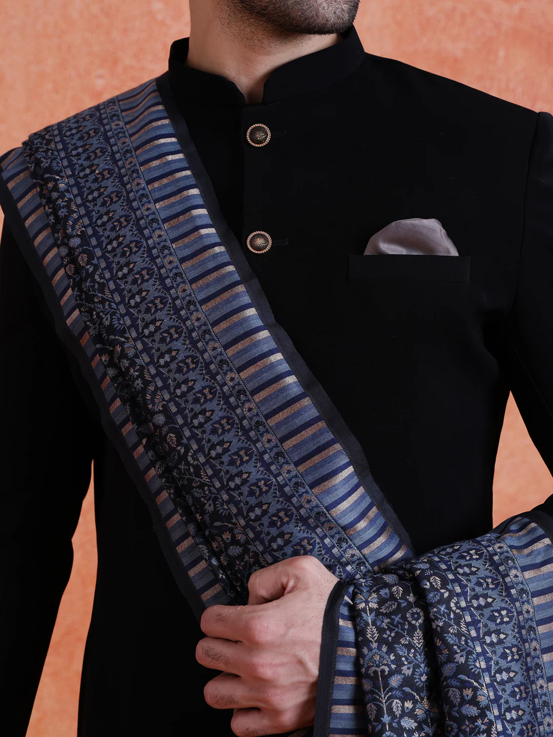 Black Polyester Solid Sherwani Indonesian Trouser Set With Dupatta - Image 5