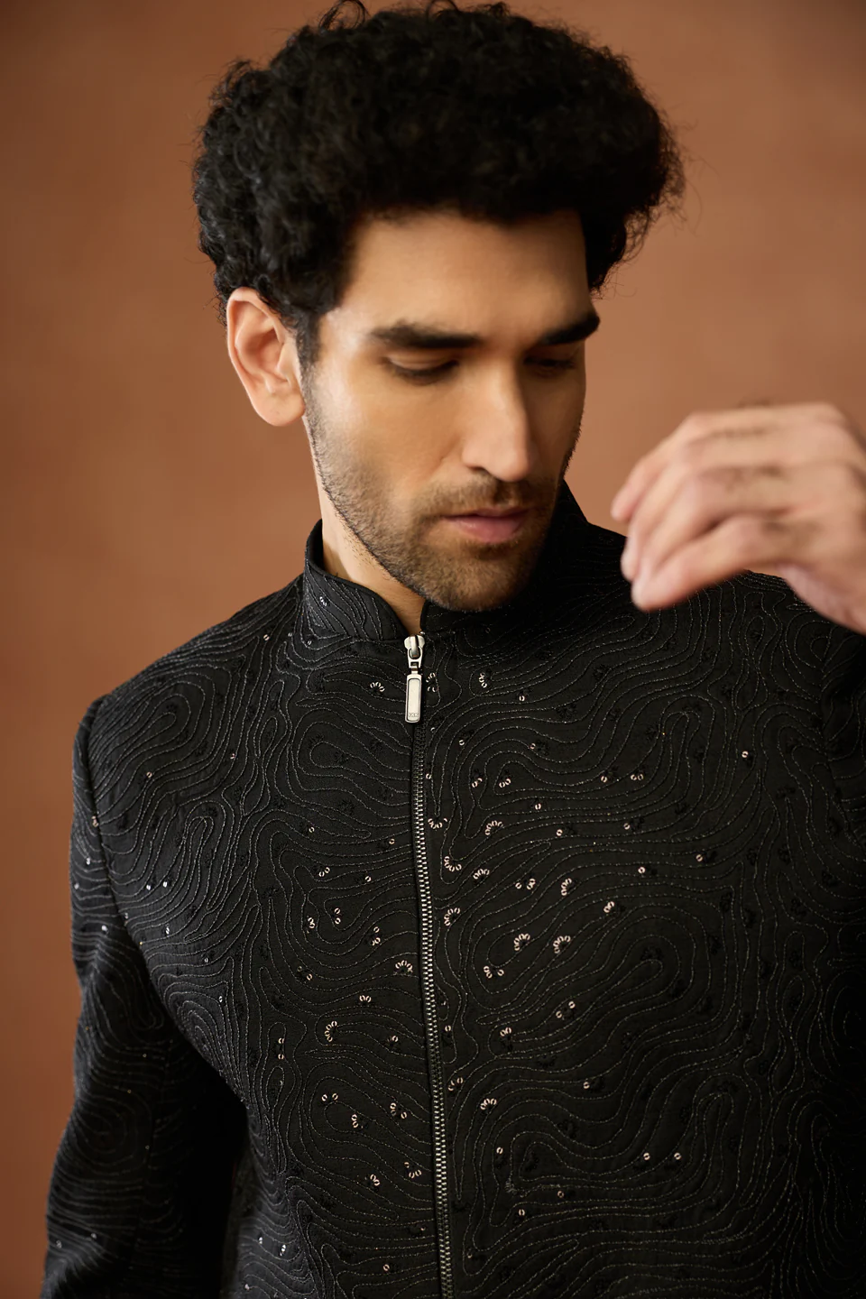 Black Embellished Zipper Sherwani Trouser Set - Image 5
