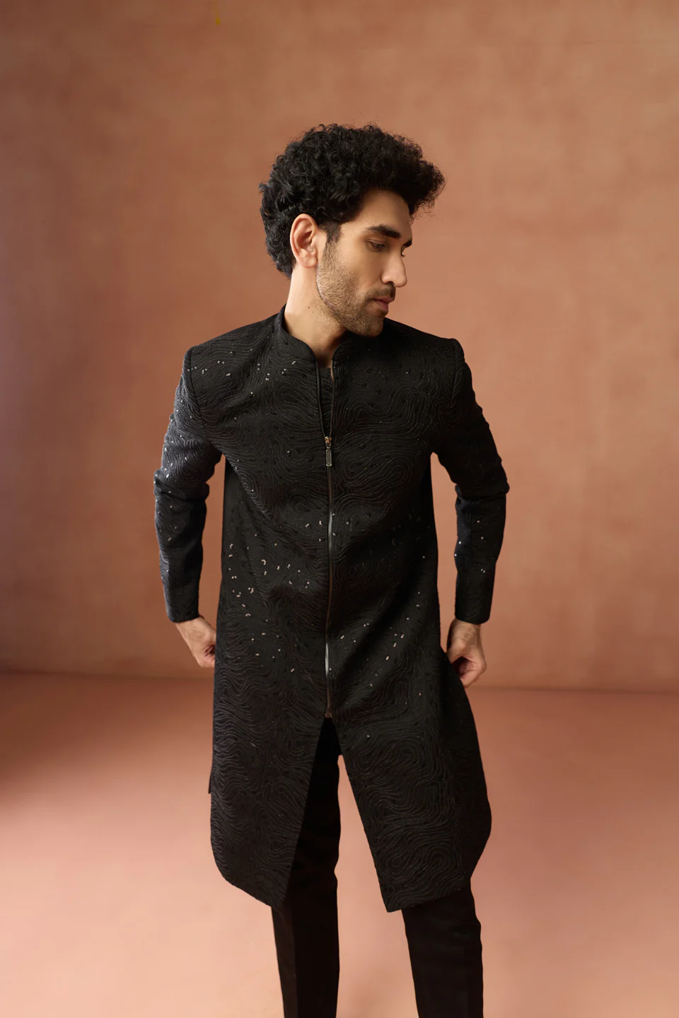 Black Embellished Zipper Sherwani Trouser Set - Image 7