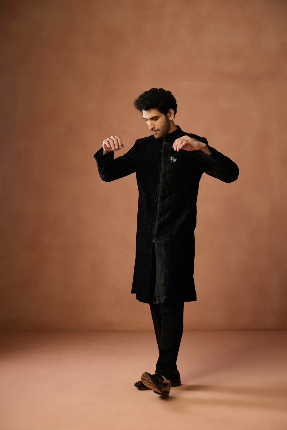Black Velvet Zipper Sherwani Trouser Set - Image 2