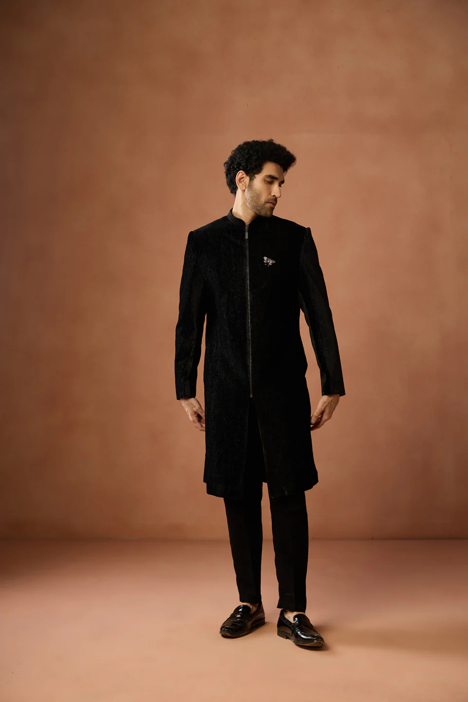 Black Velvet Zipper Sherwani Trouser Set - Image 3