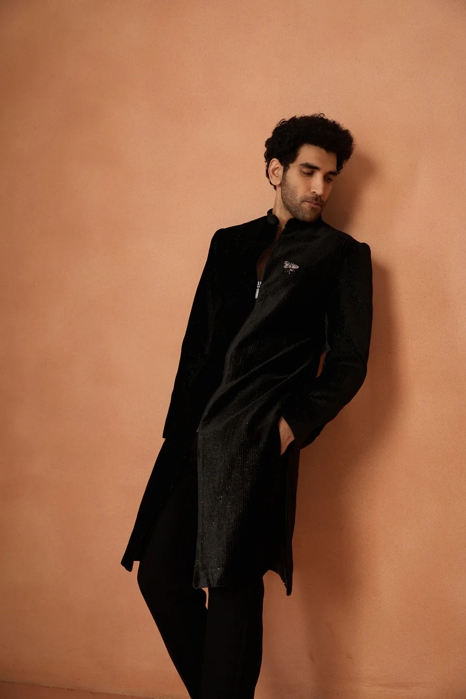 Black Velvet Zipper Sherwani Trouser Set - Image 7