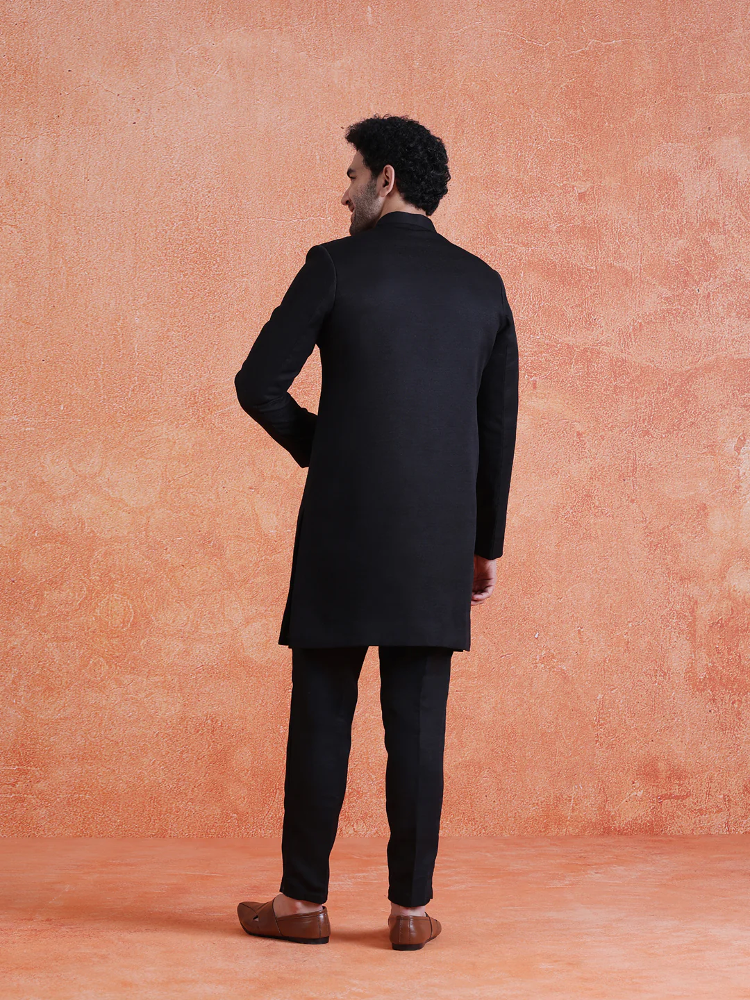 Black Polyviscose Solid Sherwani Trouser Set - Image 4