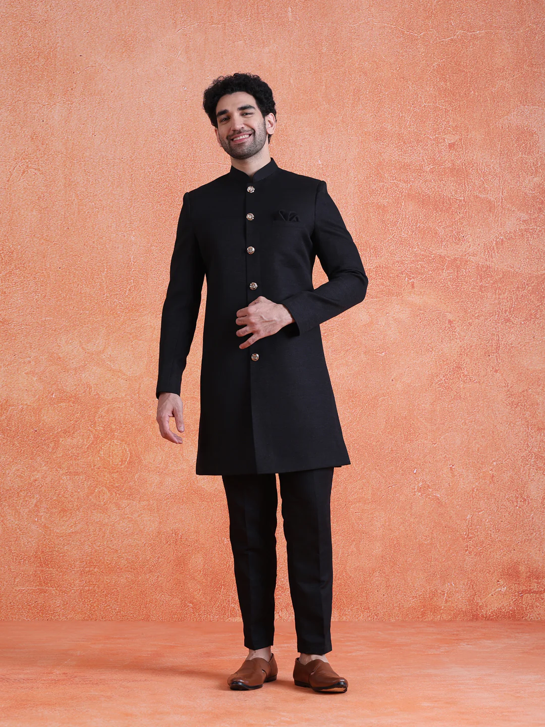 Black Polyviscose Solid Sherwani Trouser Set - Image 7