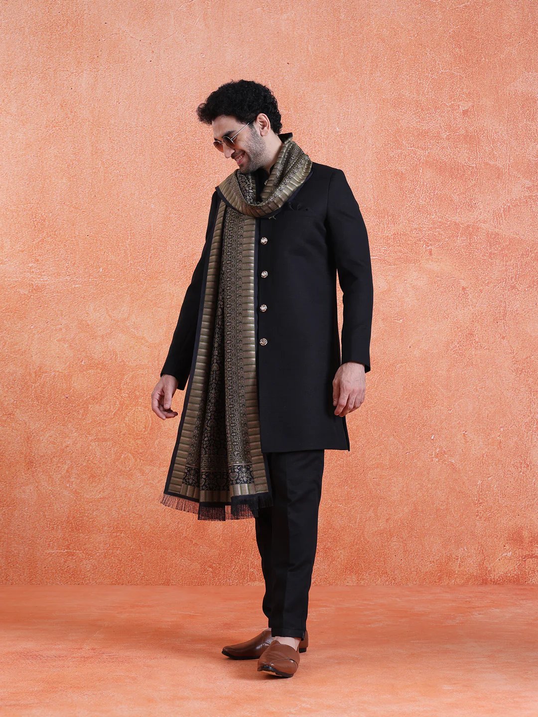 Black Polyviscose Solid Sherwani Trouser Set With Dupatta - Image 2