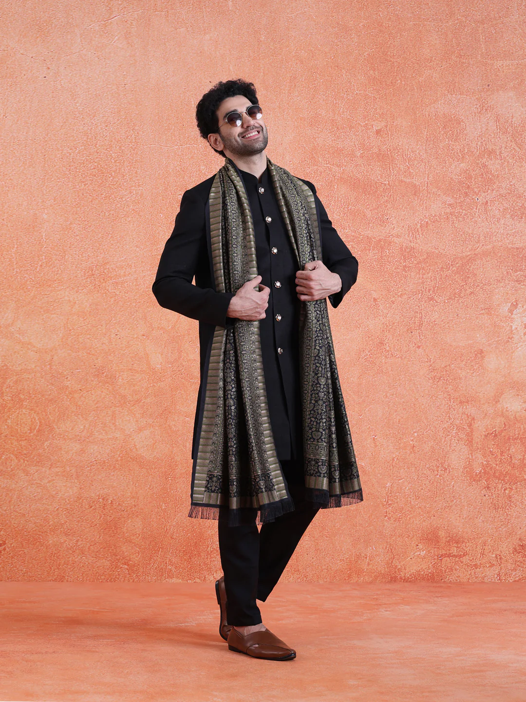 Black Polyviscose Solid Sherwani Trouser Set With Dupatta - Image 3