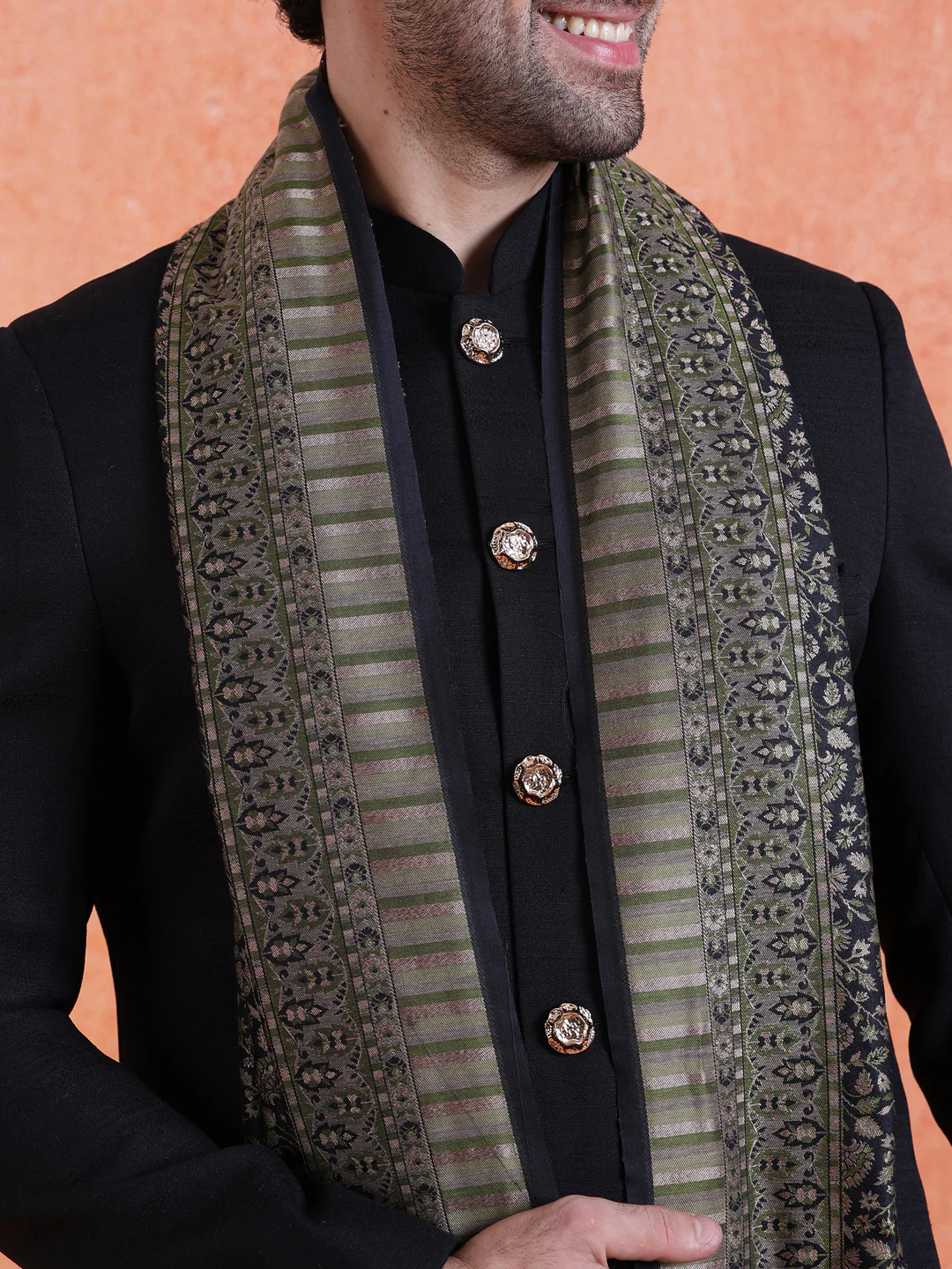 Black Polyviscose Solid Sherwani Trouser Set With Dupatta - Image 5