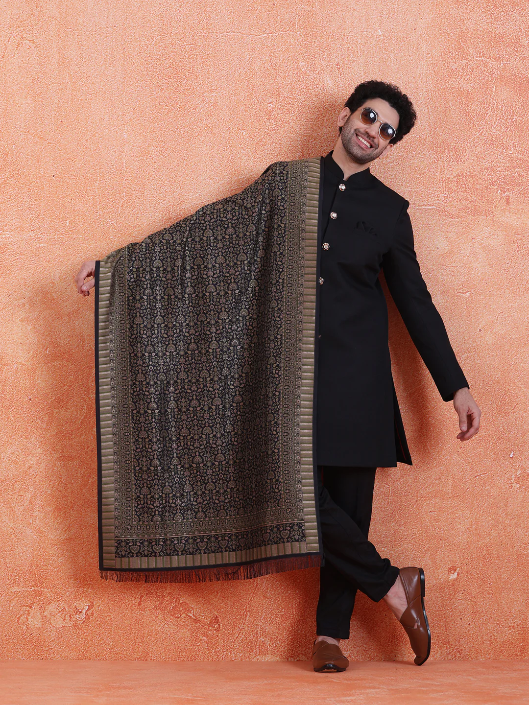 Black Polyviscose Solid Sherwani Trouser Set With Dupatta - Image 8