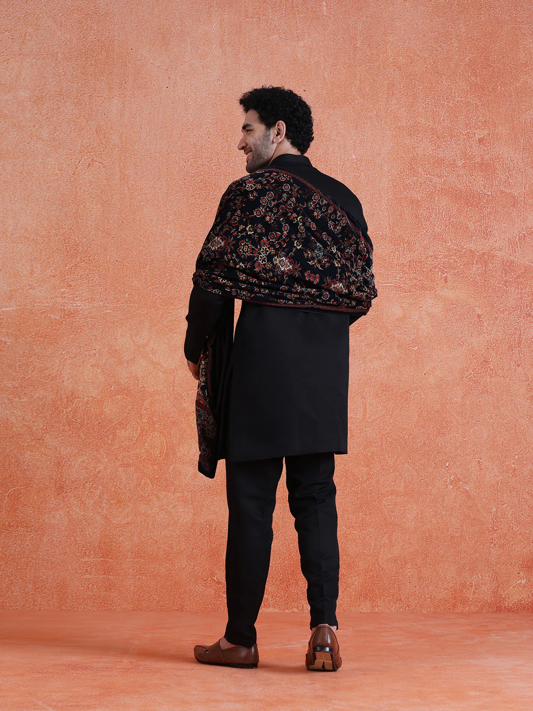 Black Polyviscose Solid Sherwani Trouser Set with Printed Velvet Dupatta - Image 4
