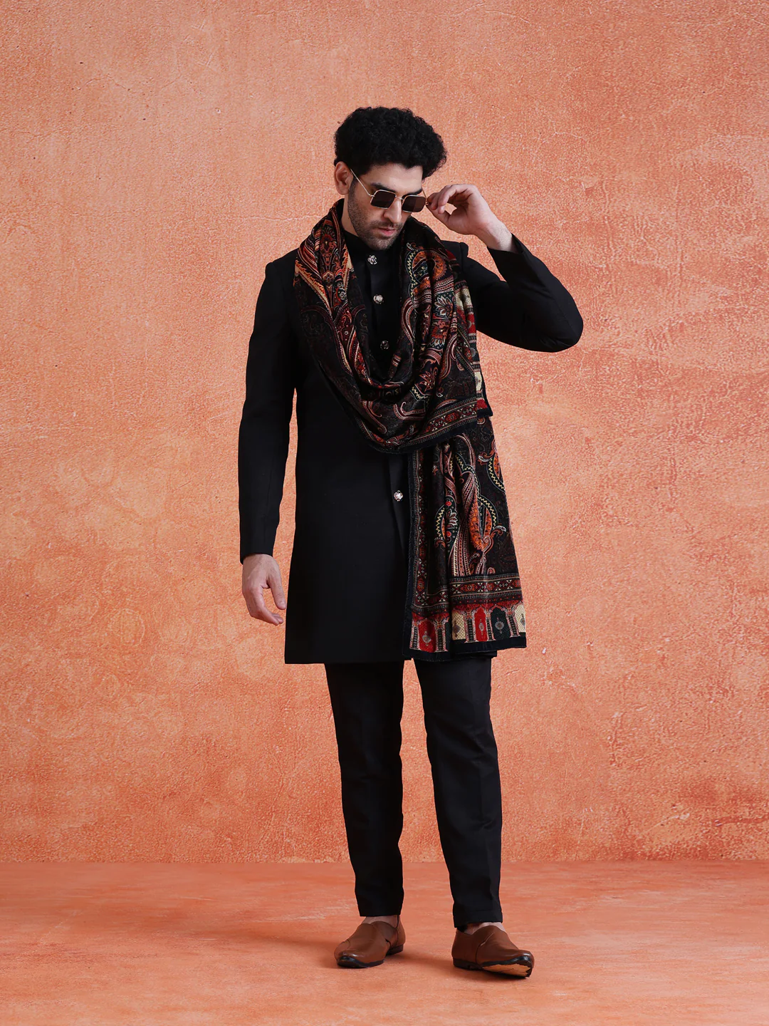 Black Polyviscose Solid Sherwani Trouser Set With Velvet Dupatta