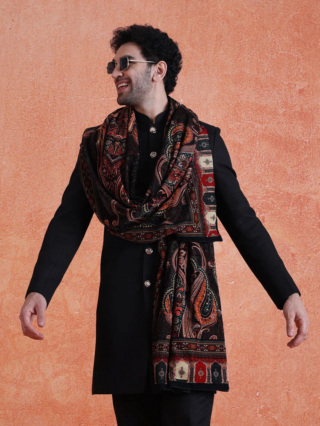 Black Polyviscose Solid Sherwani Trouser Set With Velvet Dupatta - Image 10