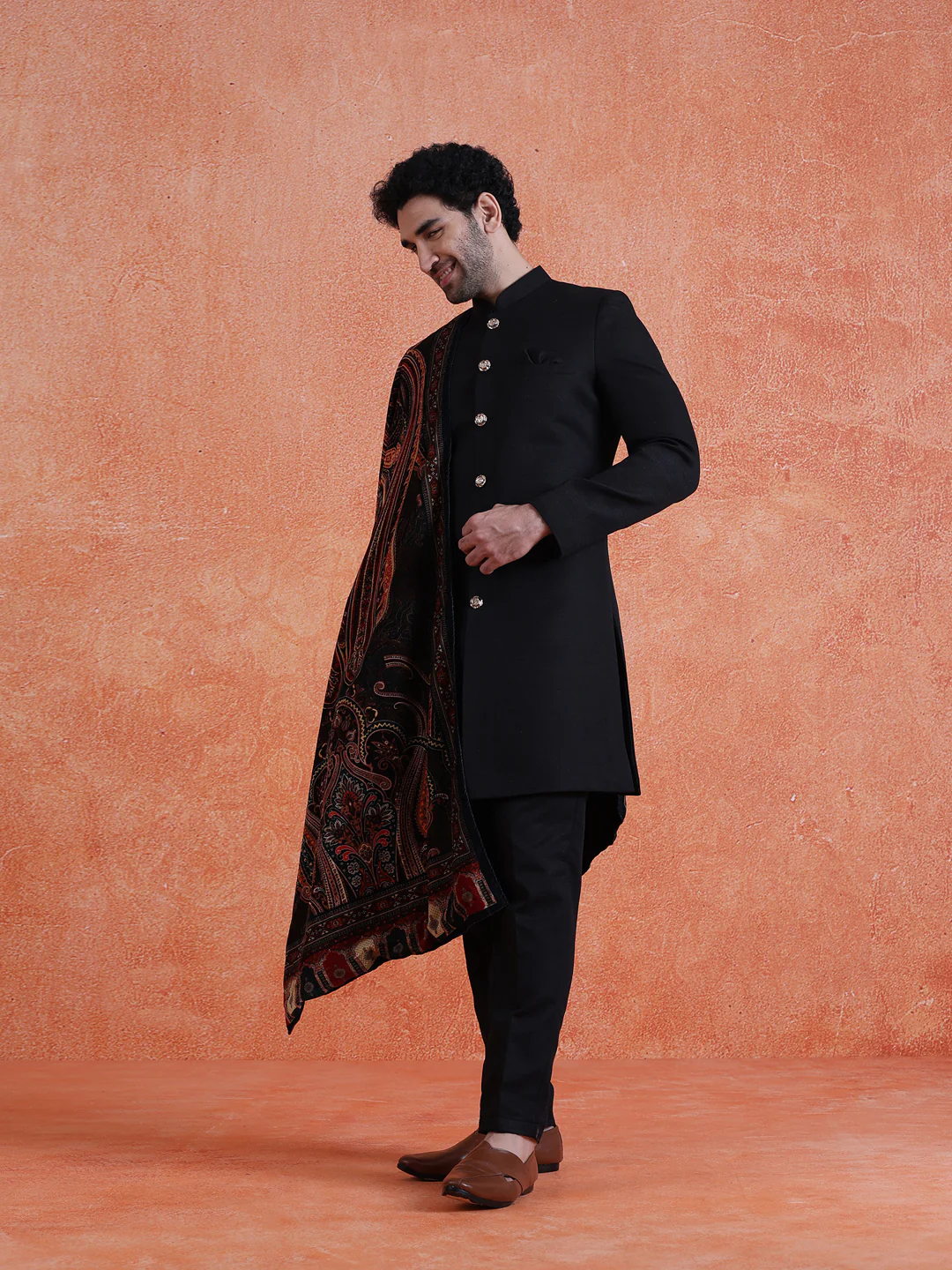 Black Polyviscose Solid Sherwani Trouser Set With Velvet Dupatta - Image 2