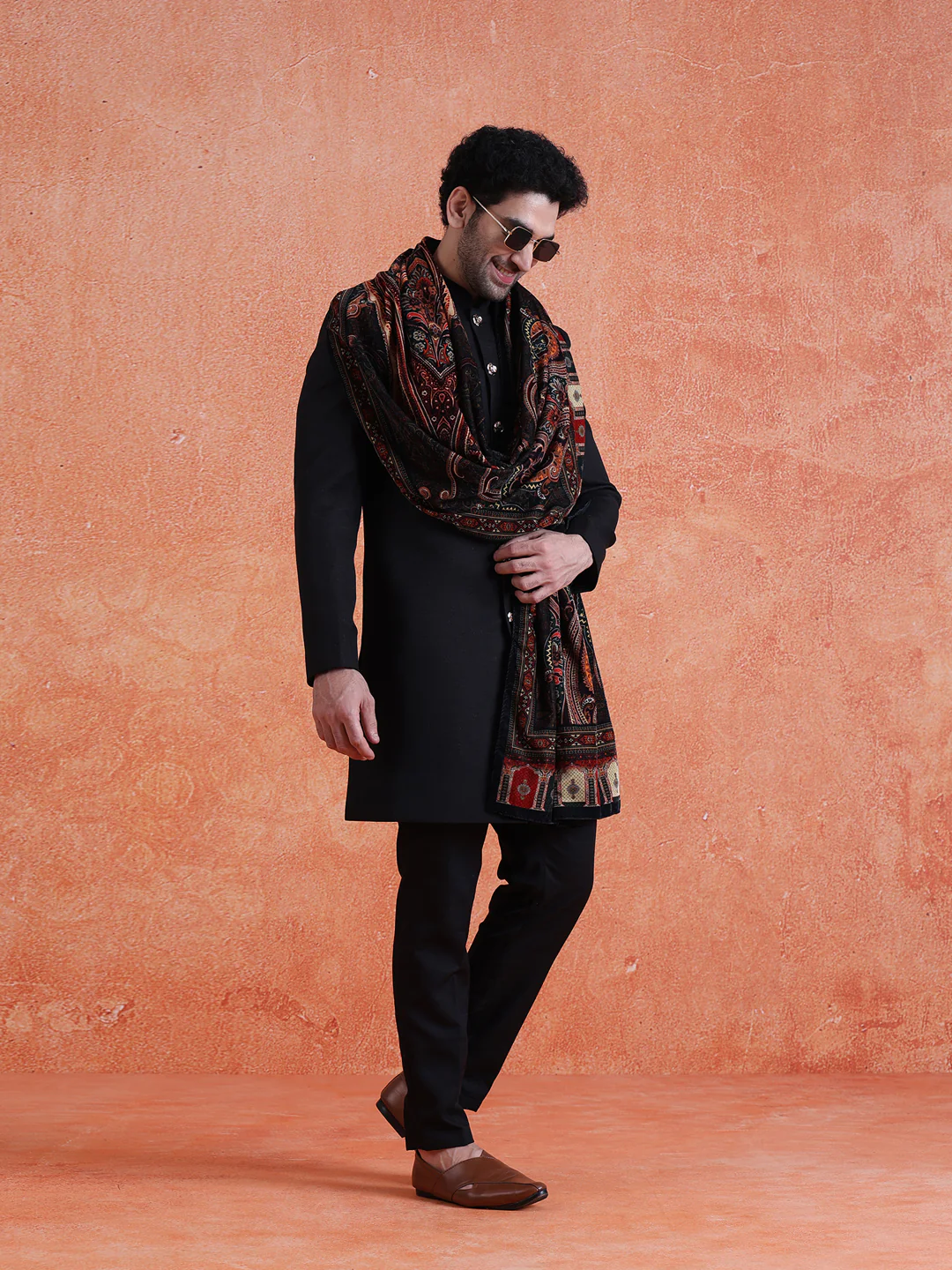 Black Polyviscose Solid Sherwani Trouser Set With Velvet Dupatta - Image 3