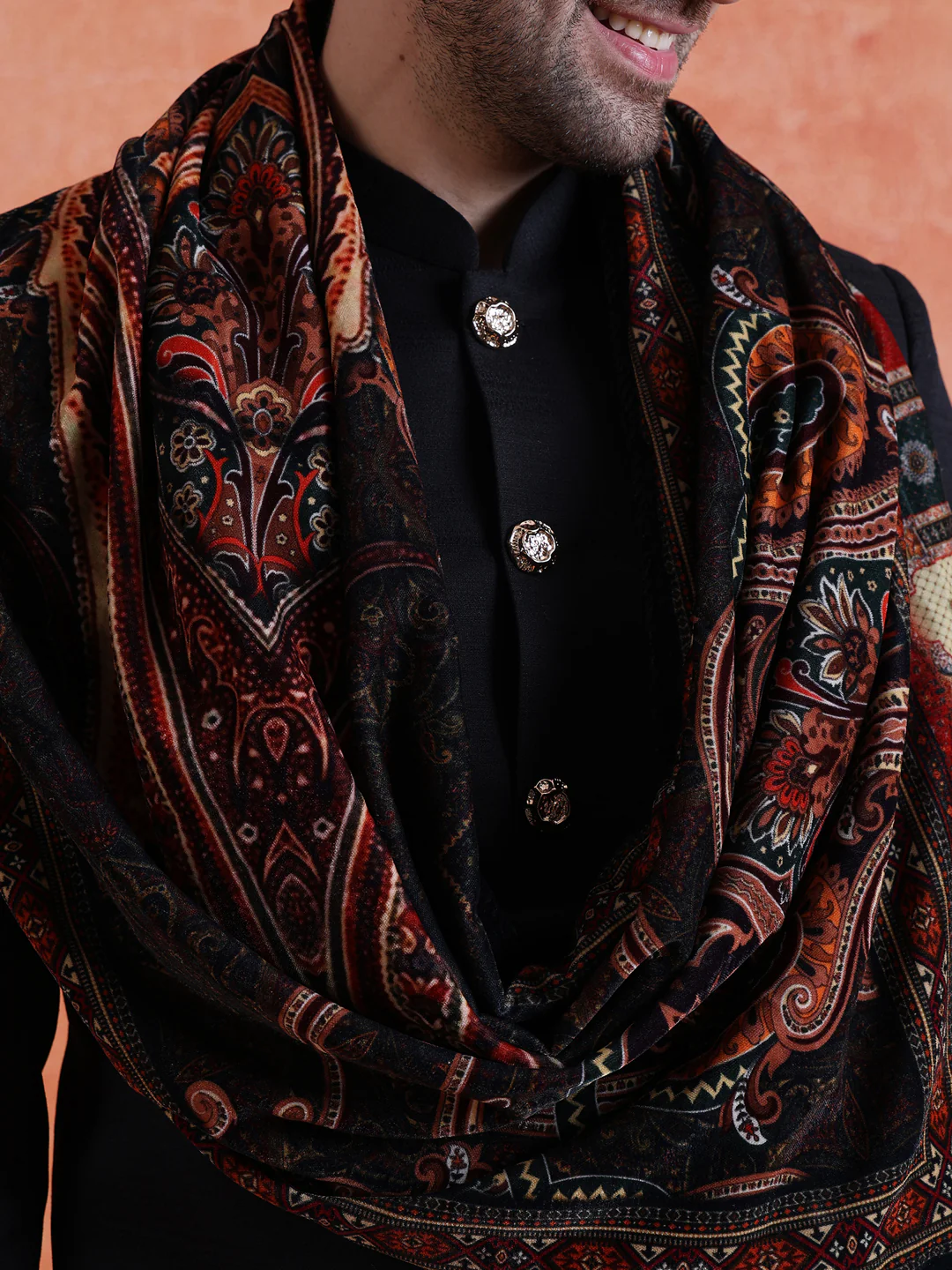 Black Polyviscose Solid Sherwani Trouser Set With Velvet Dupatta - Image 5