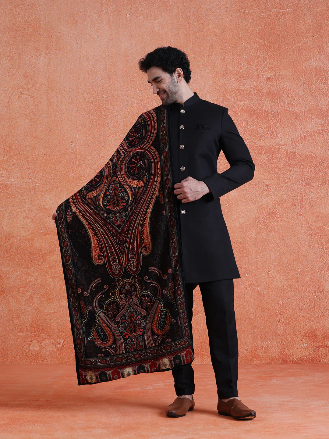 Black Polyviscose Solid Sherwani Trouser Set With Velvet Dupatta - Image 7
