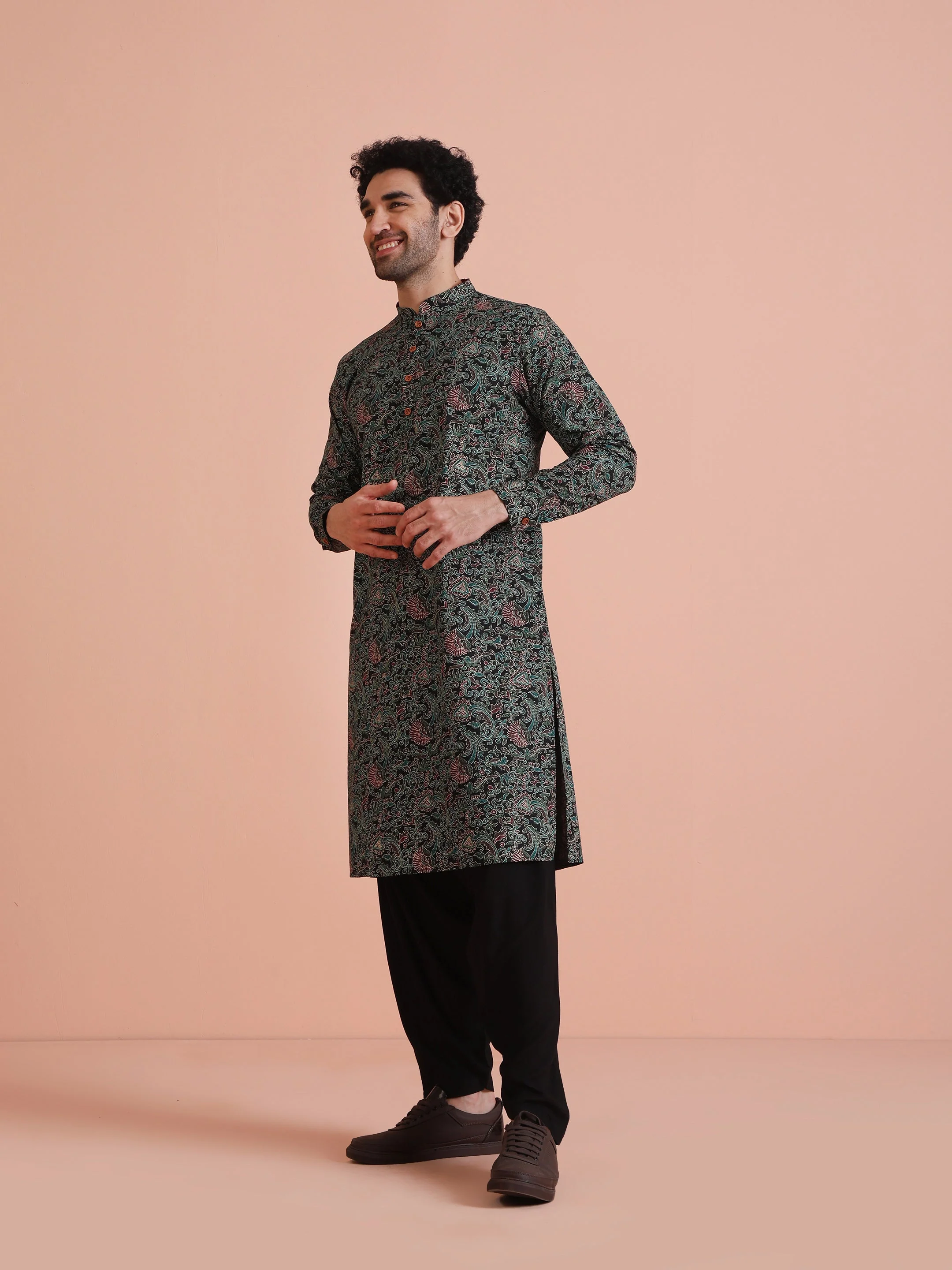 Black Printed Cotton Kurta - Image 3