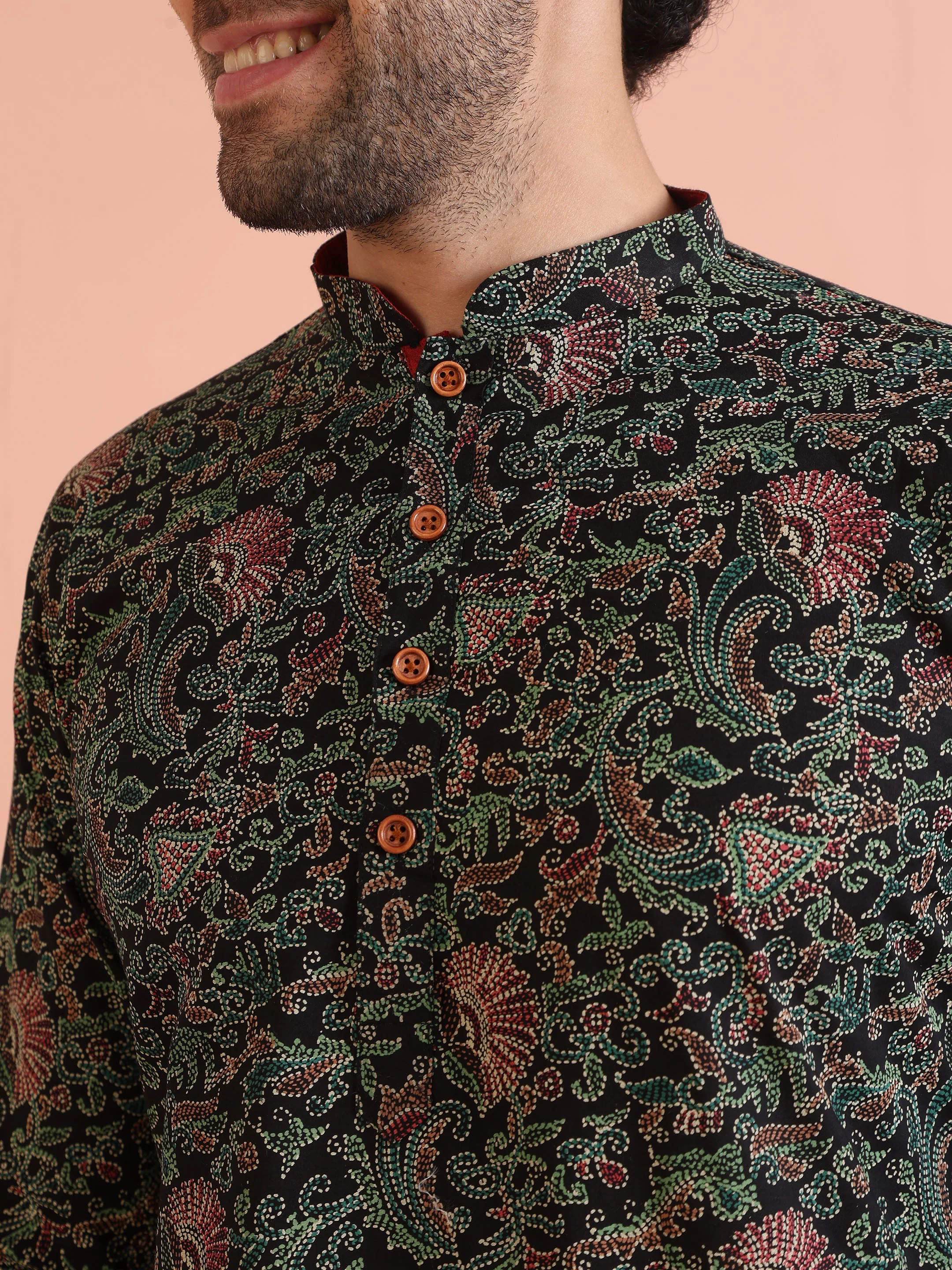 Black Printed Cotton Silk Kurta Trouser Set - Image 2