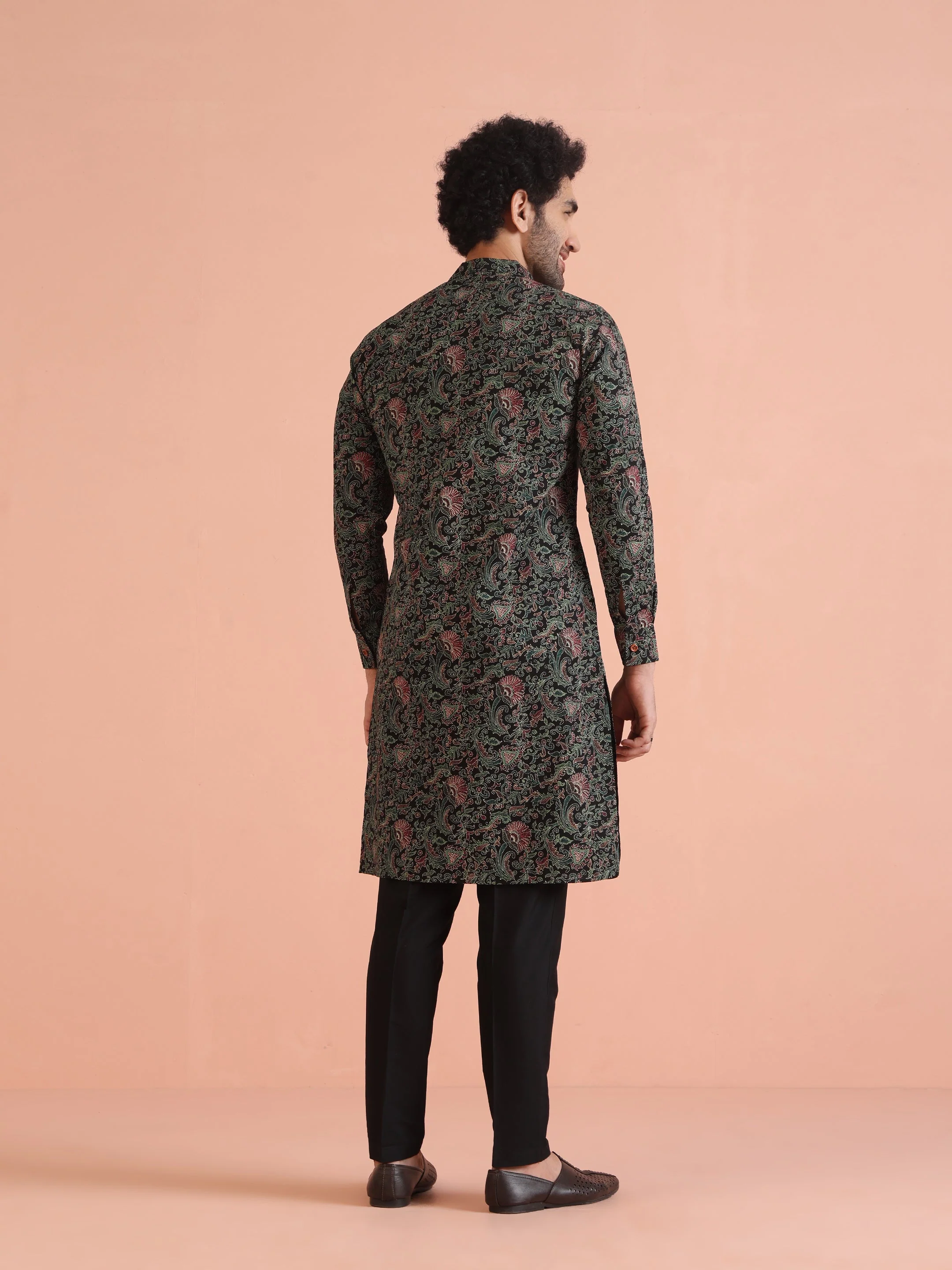 Black Printed Cotton Silk Kurta Trouser Set - Image 4