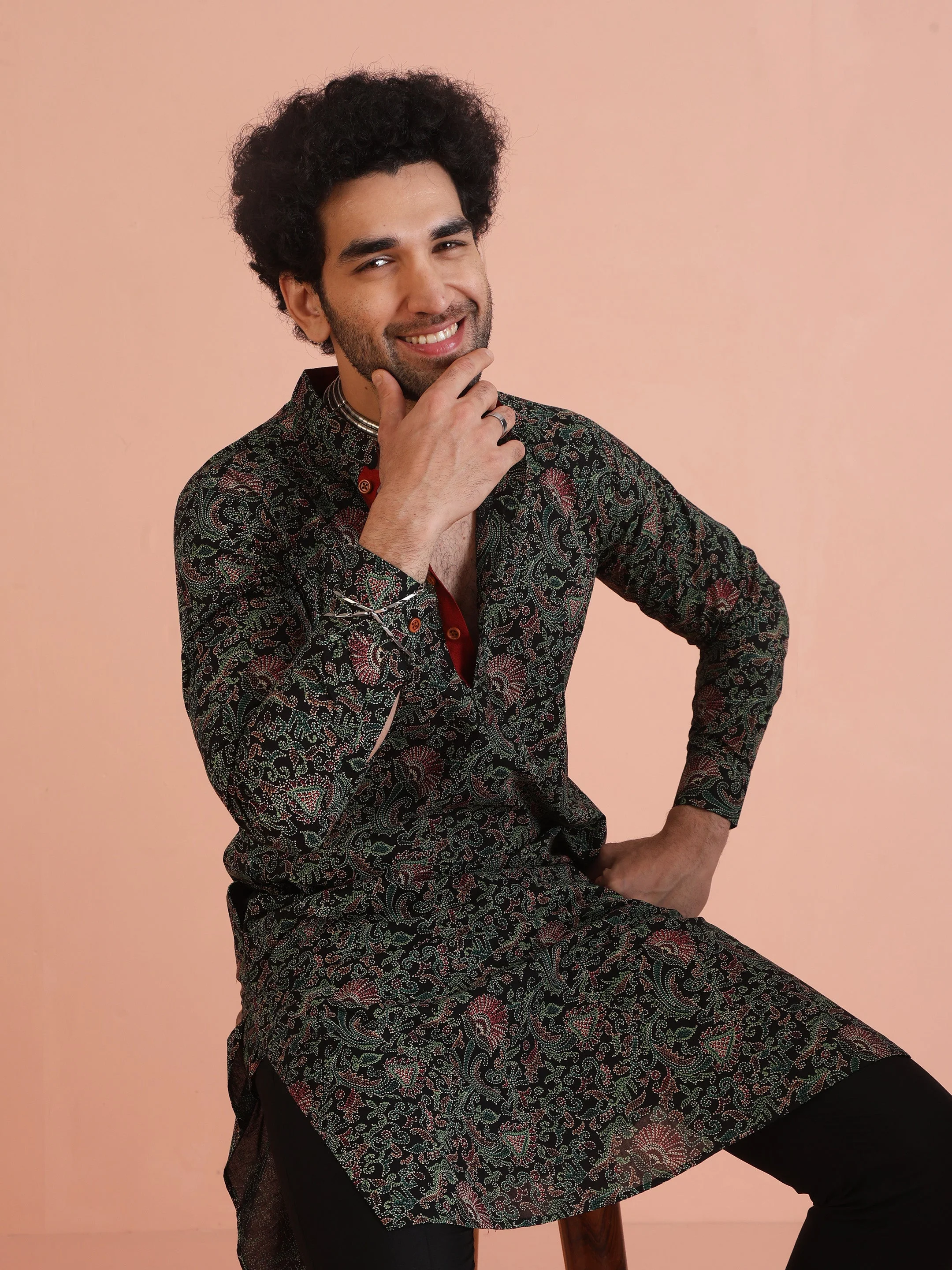 Black Printed Cotton Silk Kurta Trouser Set - Image 6