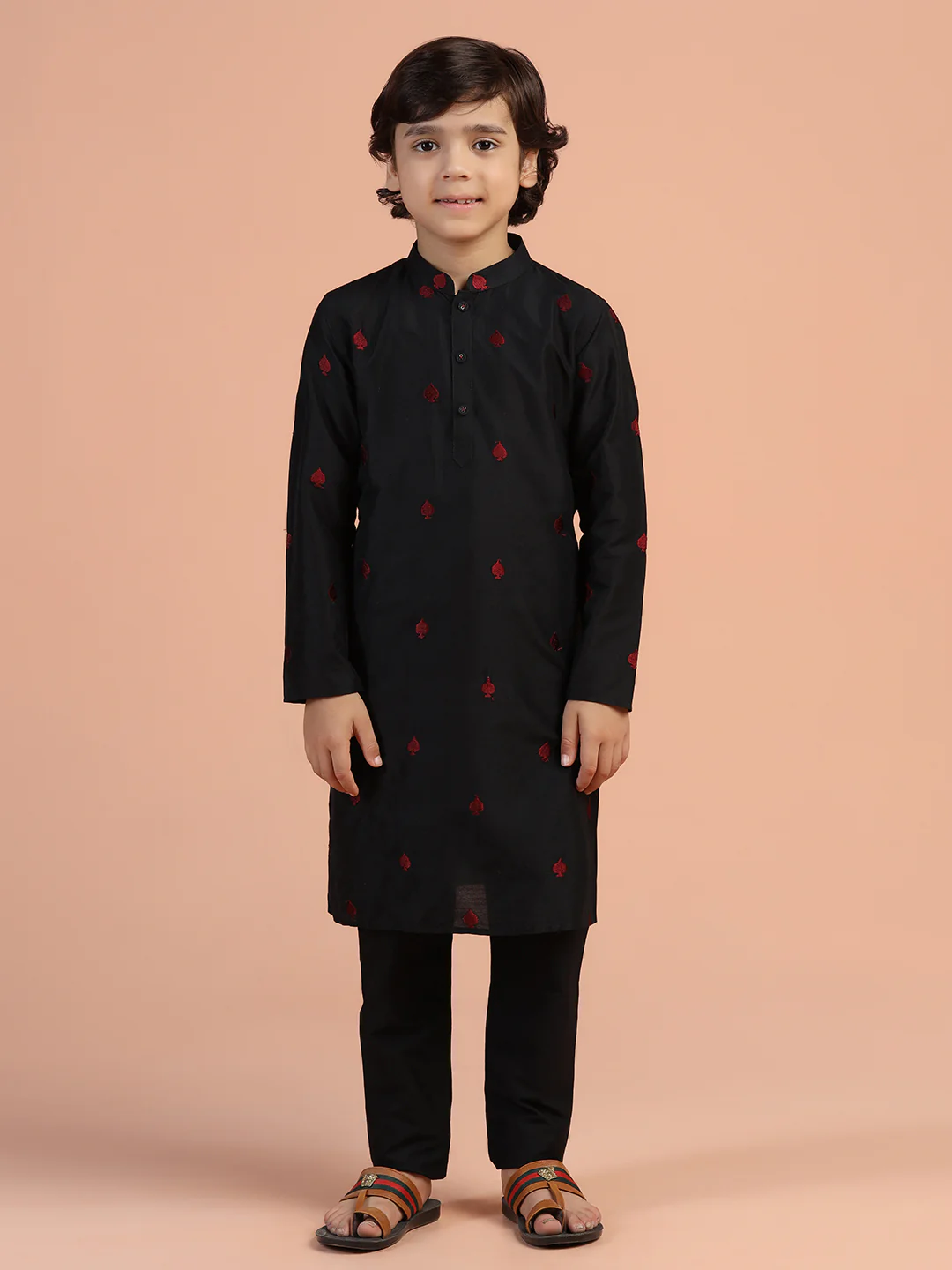 Black Red Embroidered Kurta - Image 6