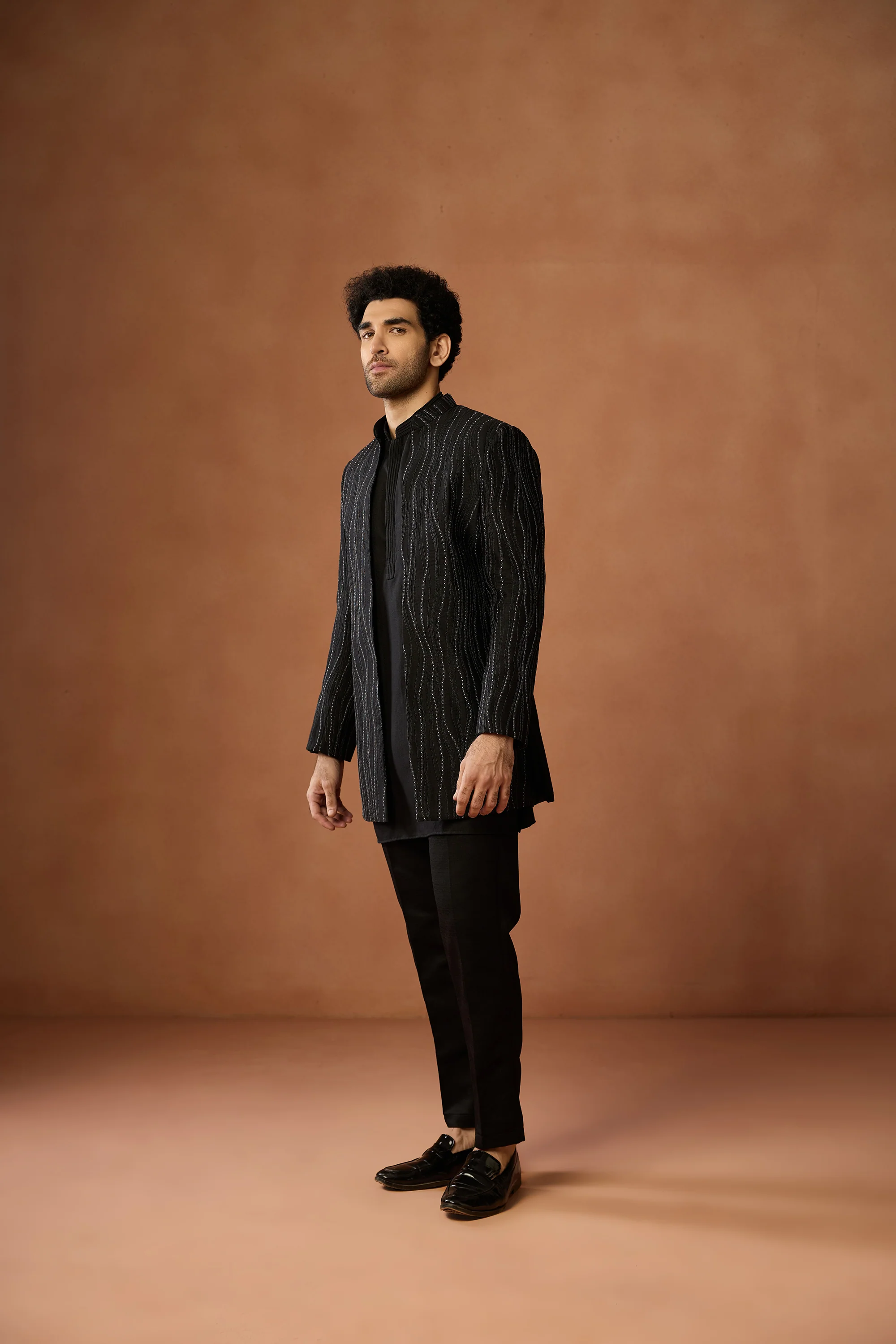 Black Mid Kurta Front Open Short Sequin Sherwani Trouser Set - Image 2