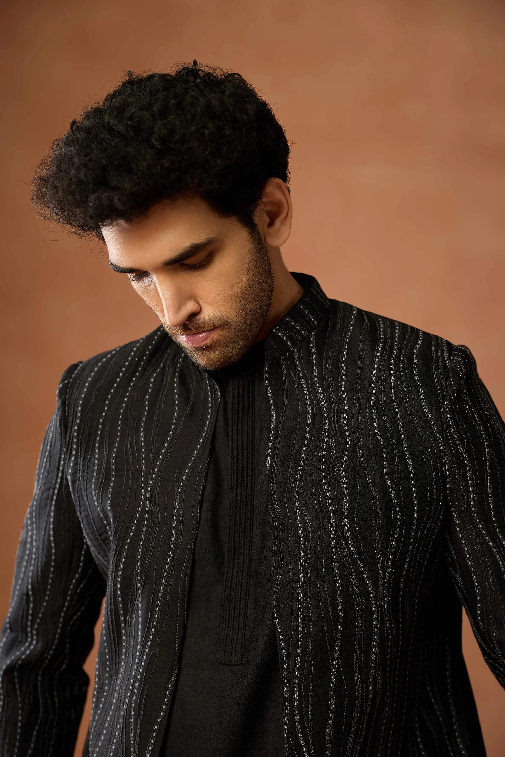 Black Mid Kurta Front Open Short Sequin Sherwani Trouser Set - Image 5