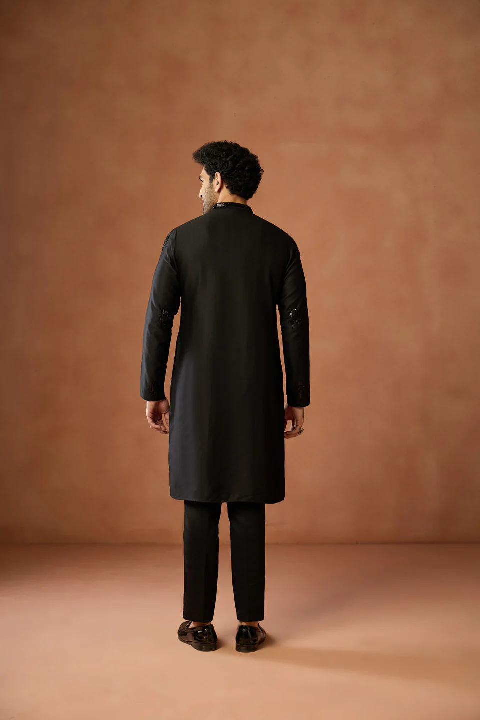 Black Silk Blend Beaded Long Kurta - Image 4